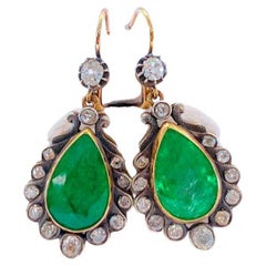 Retro  Emerald And Old Mine Cut Diamond Earrings