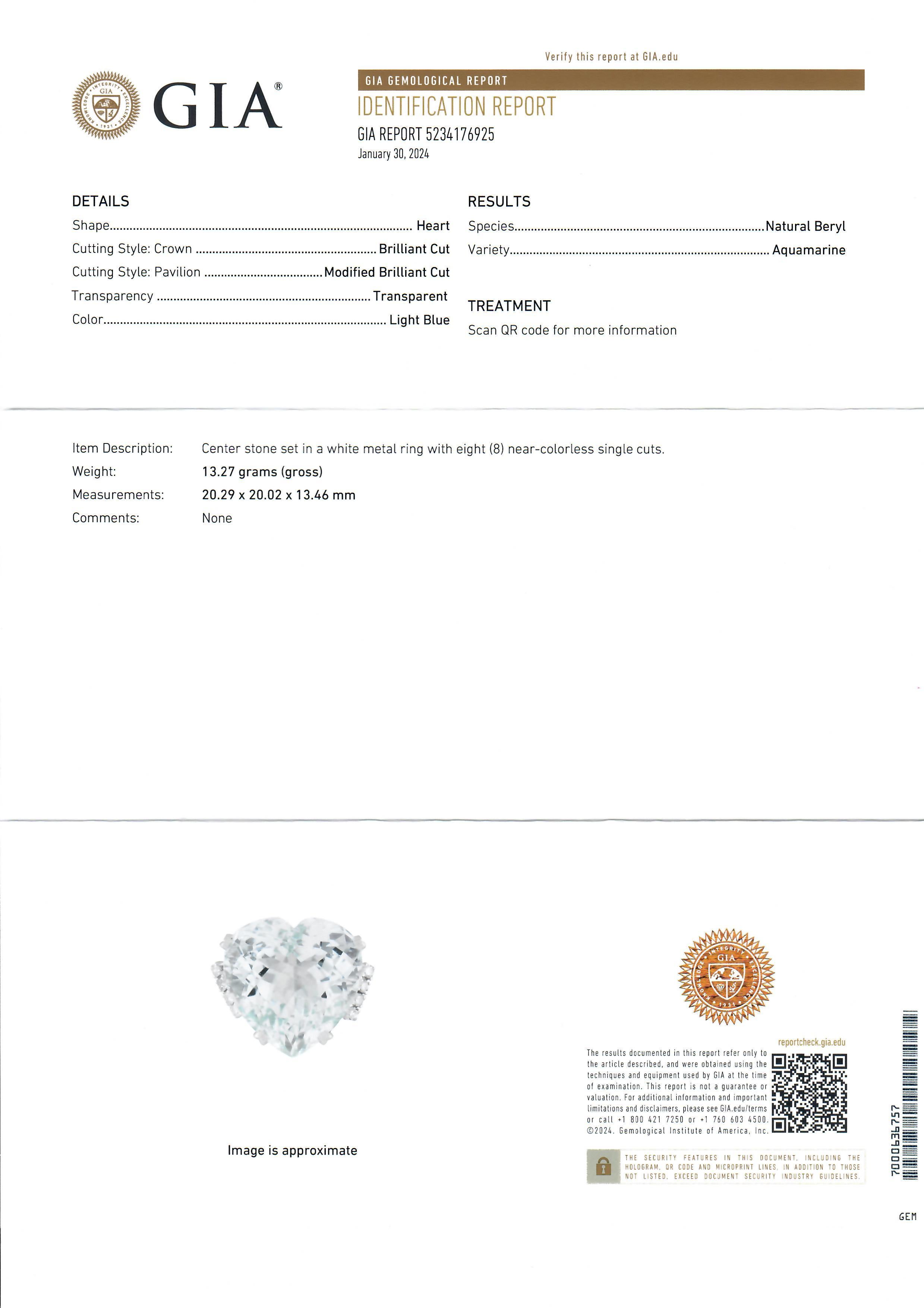 14k Gold Large GIA Graded 30ctw Heart Aquamarine 0.20ctw Diamond Cocktail Ring 6