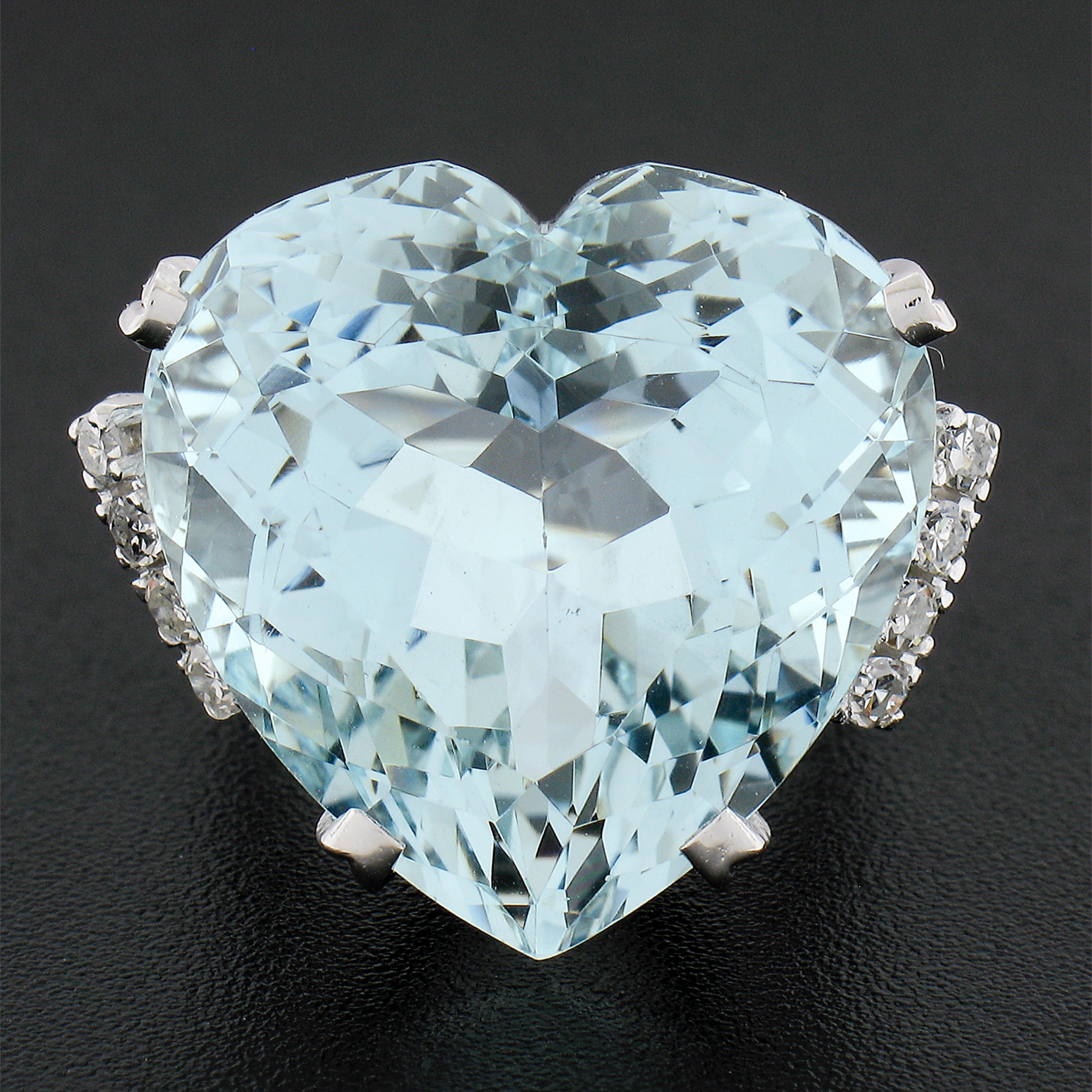 Heart Cut 14k Gold Large GIA Graded 30ctw Heart Aquamarine 0.20ctw Diamond Cocktail Ring For Sale