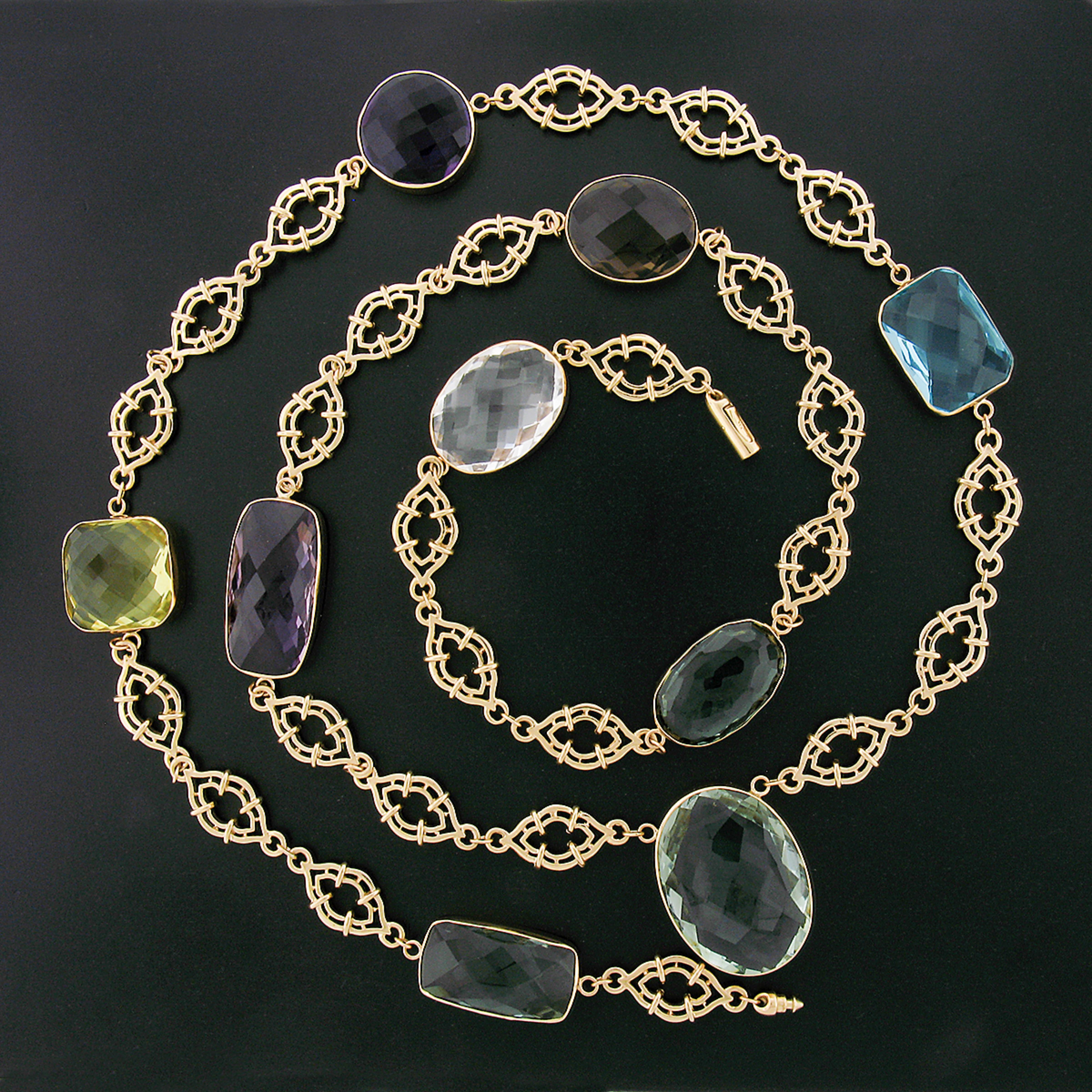 14k Gold Large Multicolor Natural Gemstone by the Yard Chain Necklace In Excellent Condition For Sale In Montclair, NJ