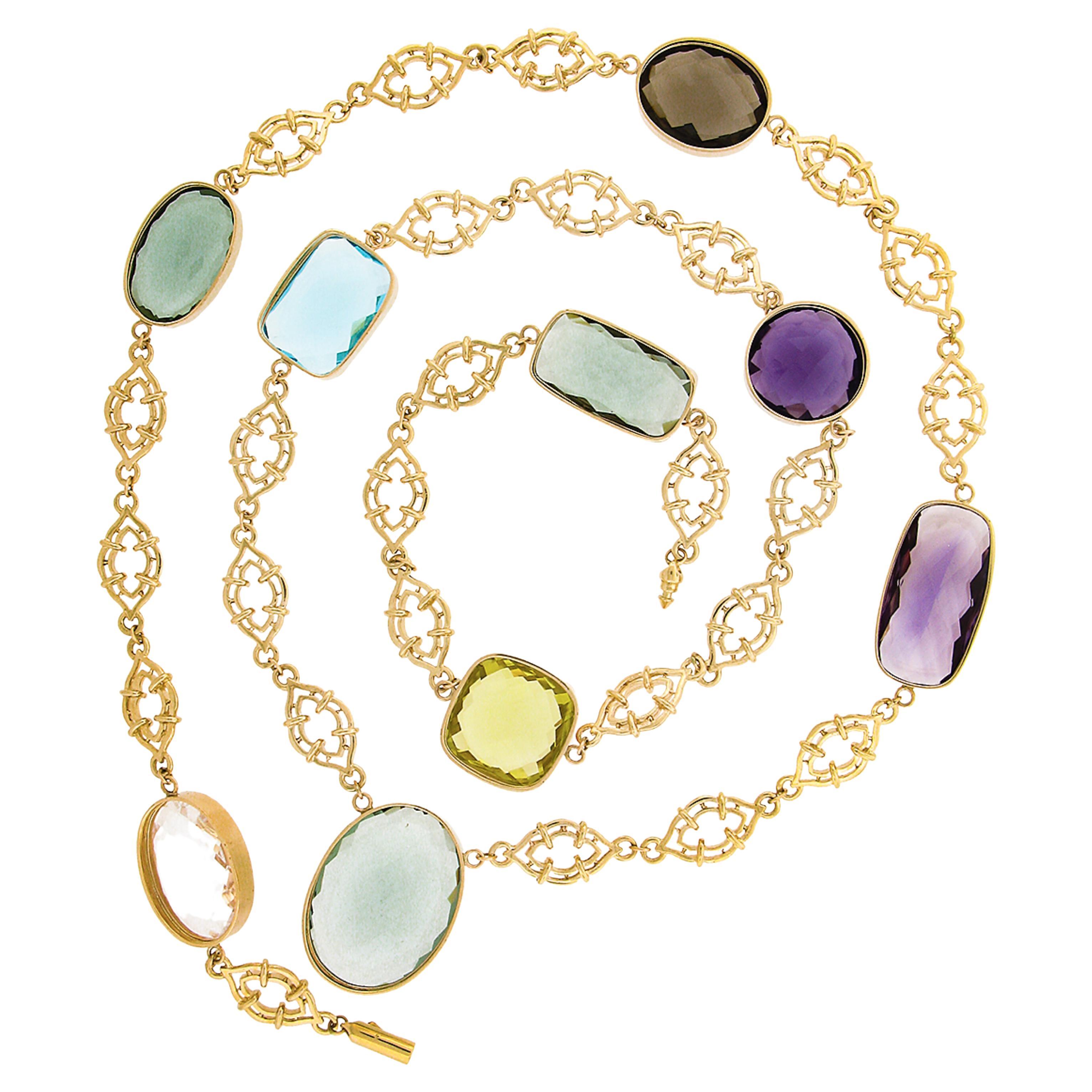 14k Gold Large Multicolor Natural Gemstone by the Yard Chain Necklace For Sale