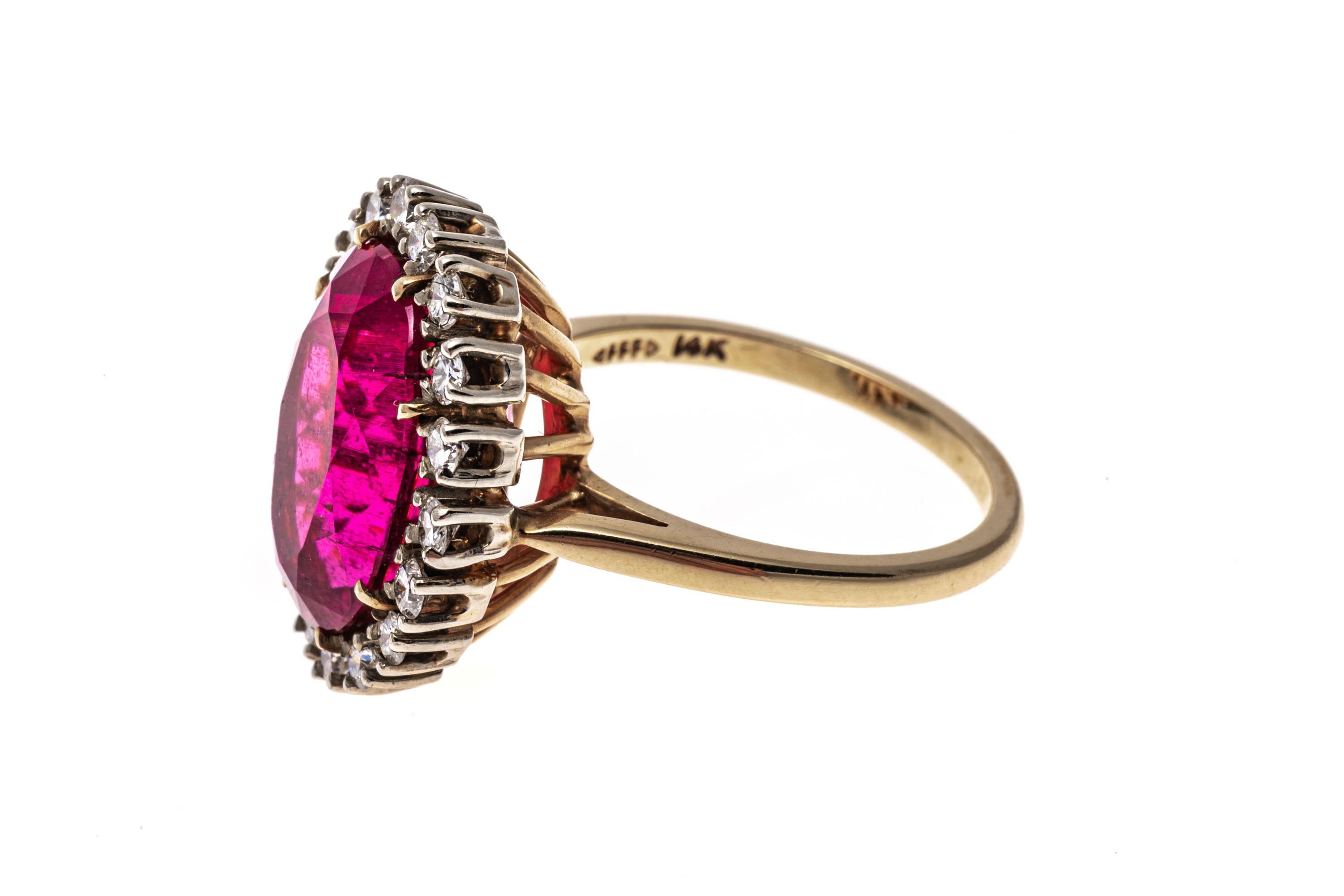 Round Cut 14k Gold Large Pink Tourmaline (App. 6.62 CTS) and Diamond Halo Ring For Sale