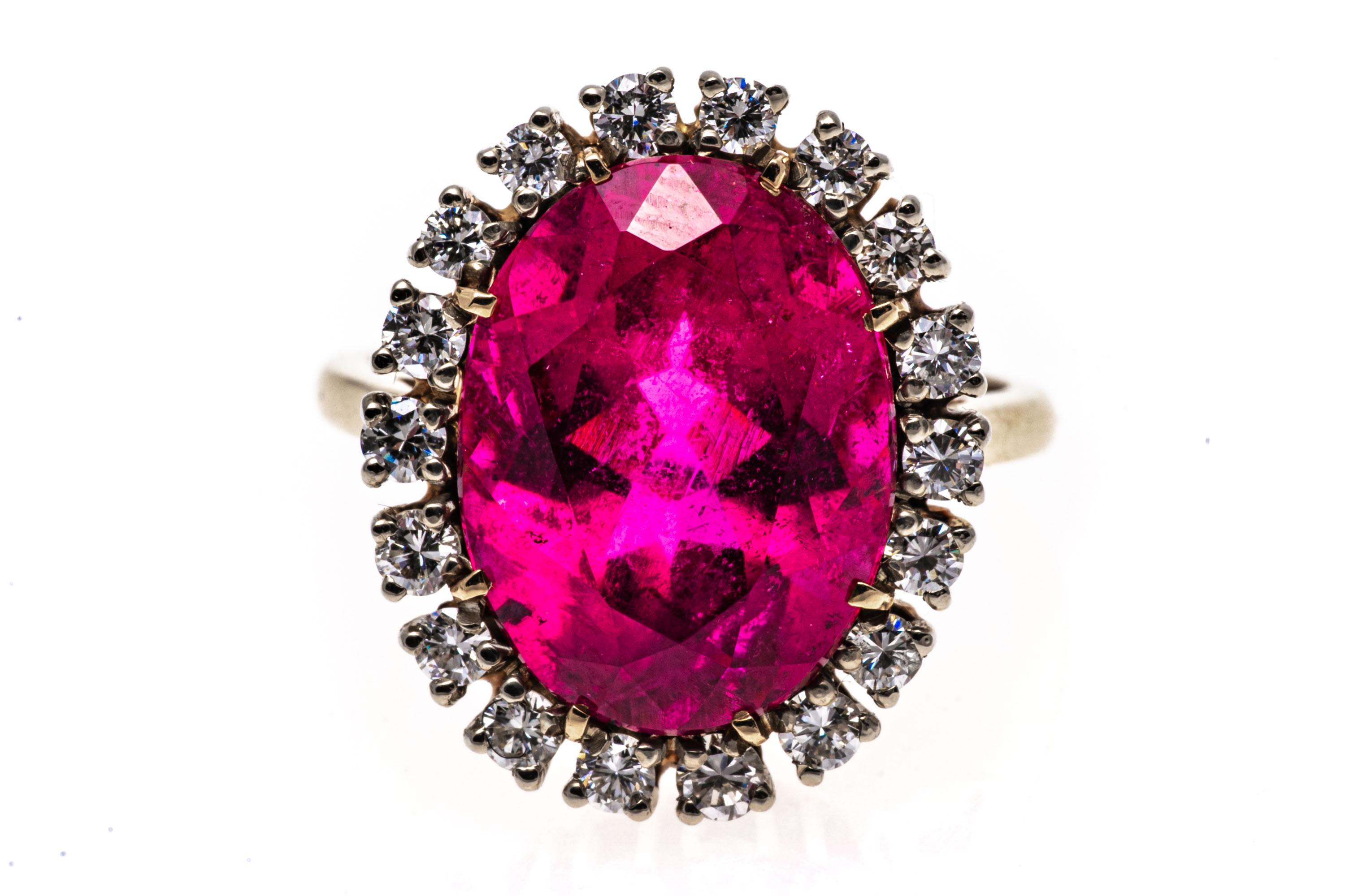 Women's 14k Gold Large Pink Tourmaline (App. 6.62 CTS) and Diamond Halo Ring For Sale