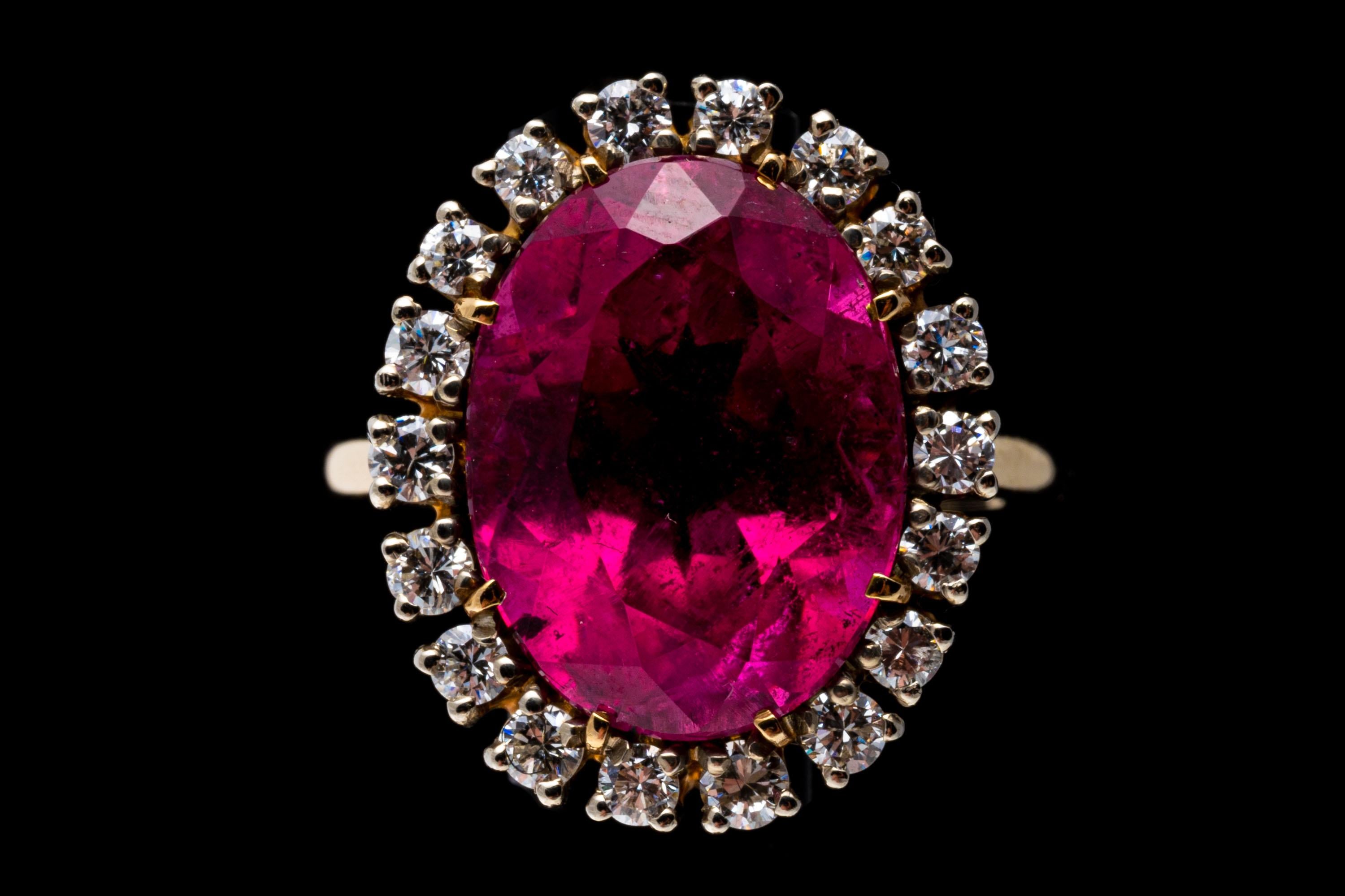 14k Gold Large Pink Tourmaline (App. 6.62 CTS) and Diamond Halo Ring For Sale 1