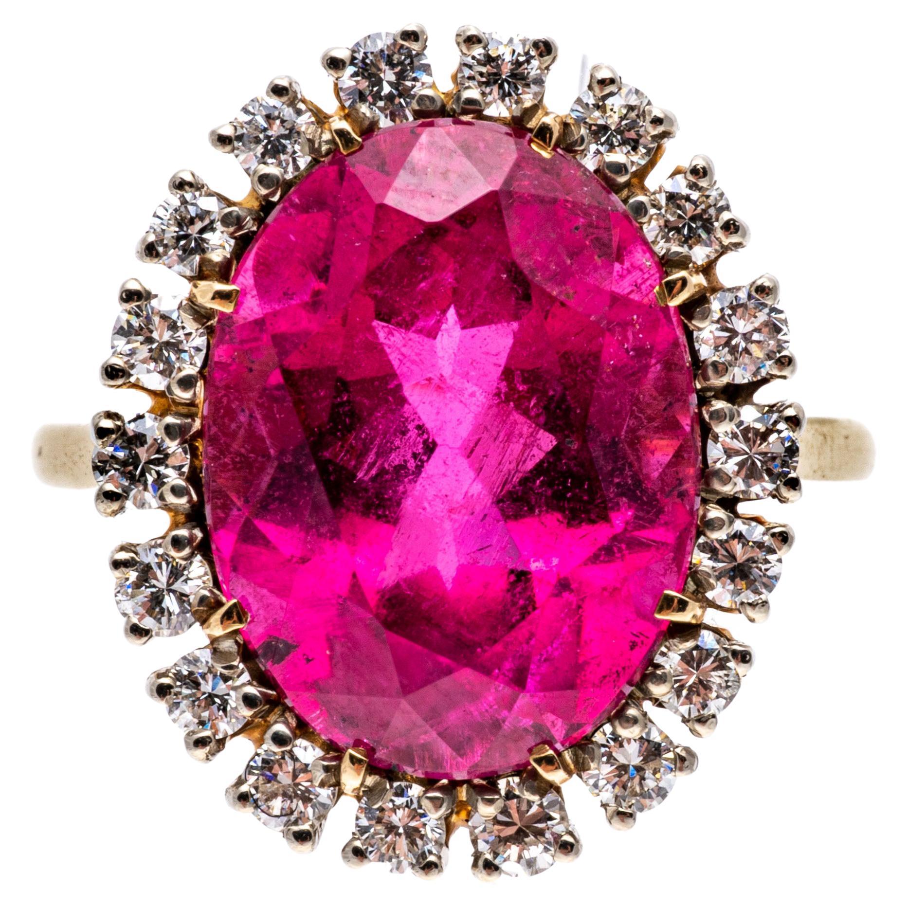 14k Gold Large Pink Tourmaline (App. 6.62 CTS) and Diamond Halo Ring For Sale