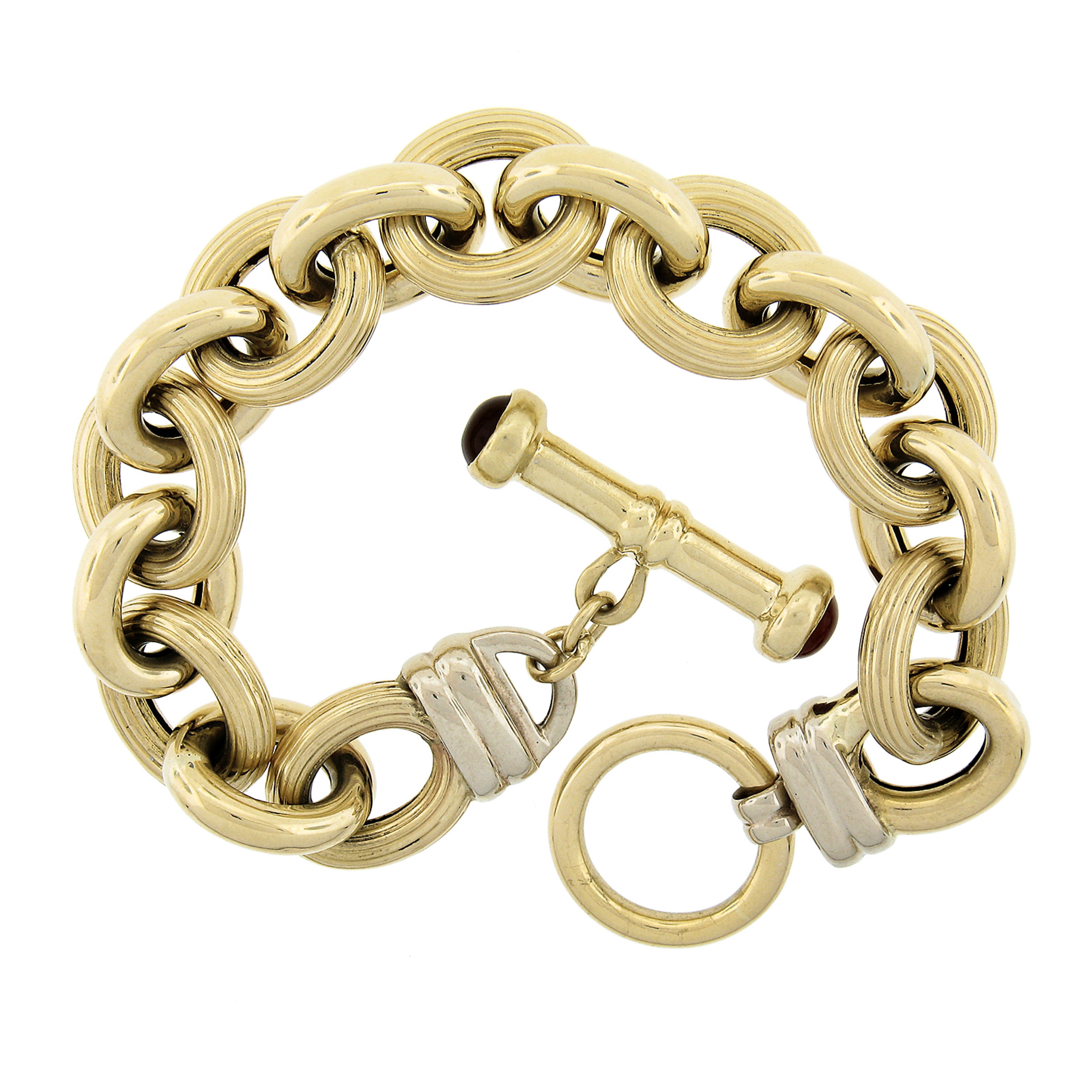 Cabochon 14k Gold Large Textured Polished Puffed Design Open Link Toggle Clasp Bracelet For Sale