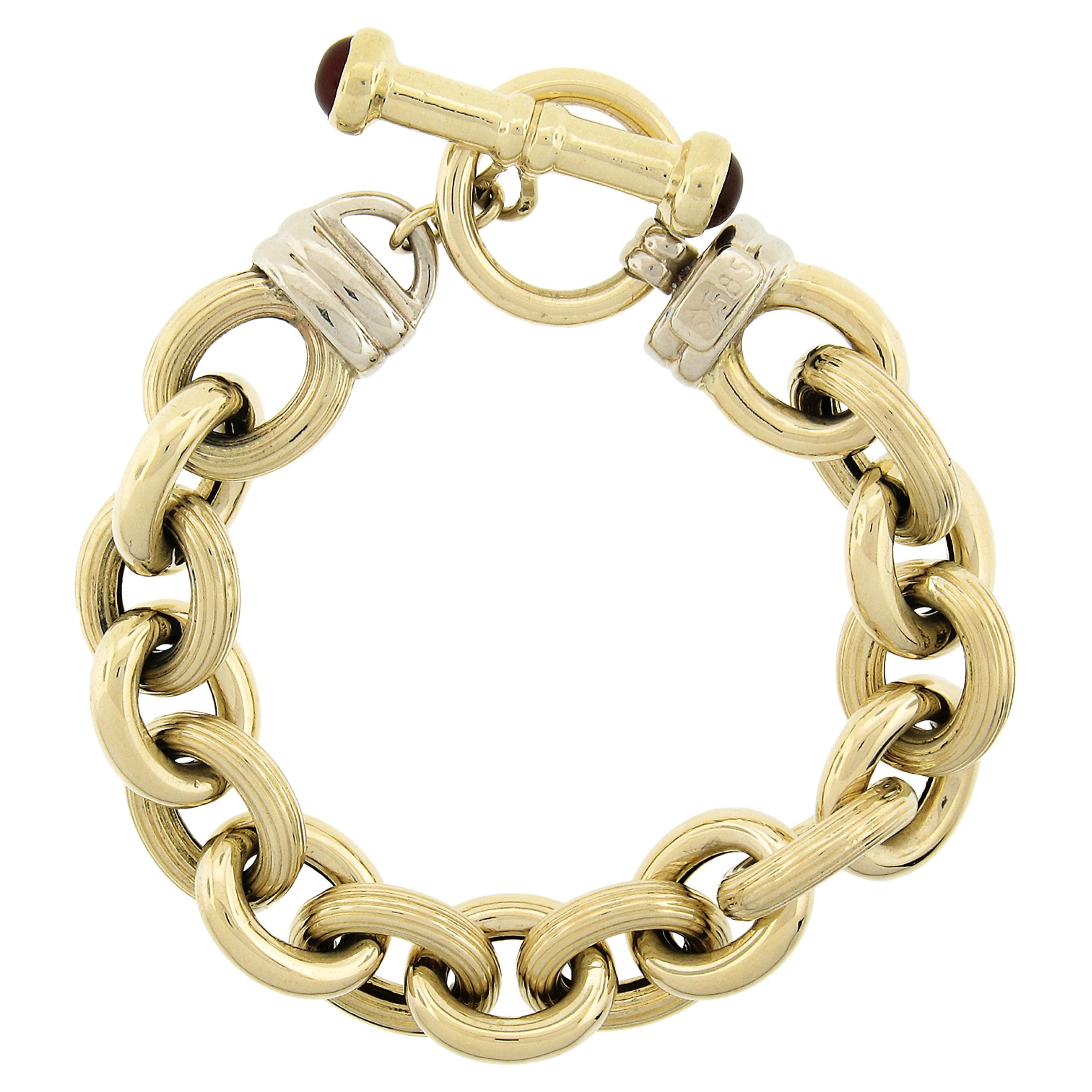 14k Gold Large Textured Polished Puffed Design Open Link Toggle Clasp Bracelet For Sale