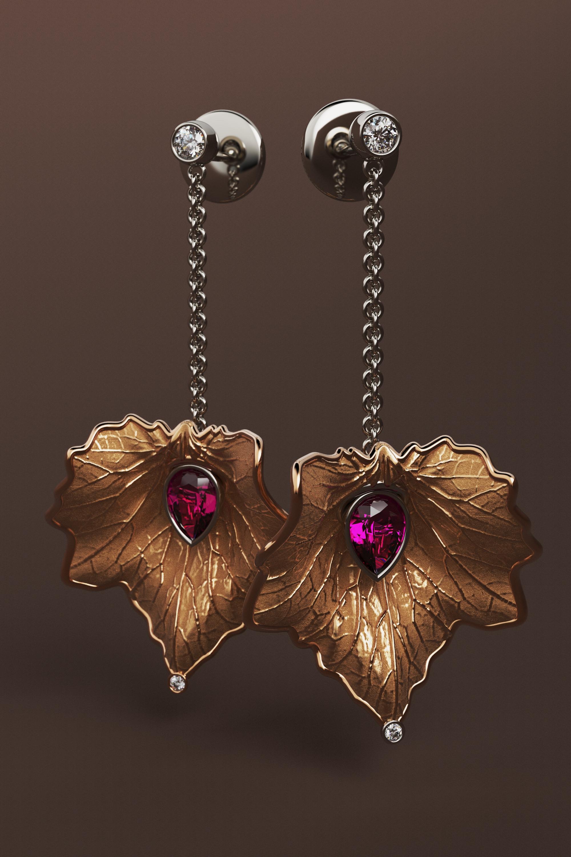 14k Gold Leaf Earrings Made in Italy  Diamond And Purple Garnet Dangle Earrings For Sale 4