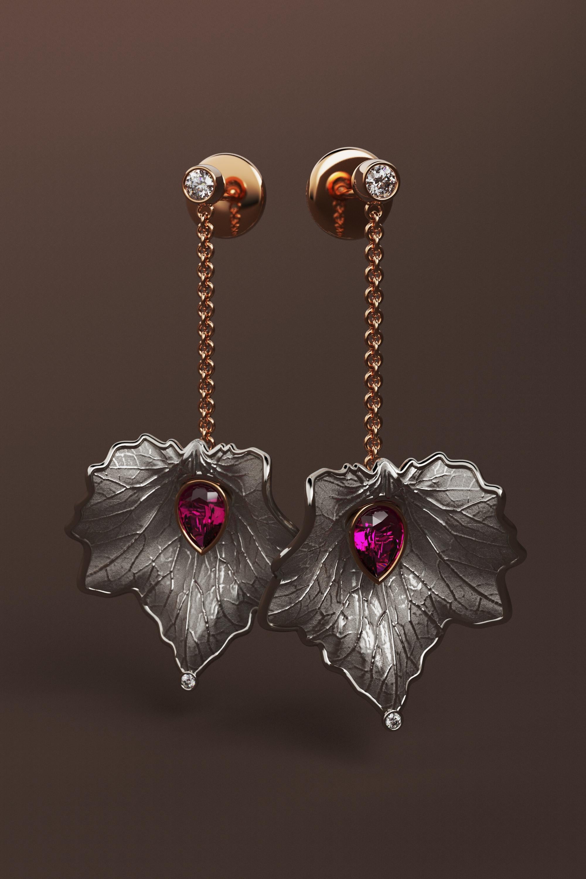 14k Gold Leaf Earrings Made in Italy  Diamond And Purple Garnet Dangle Earrings For Sale 5
