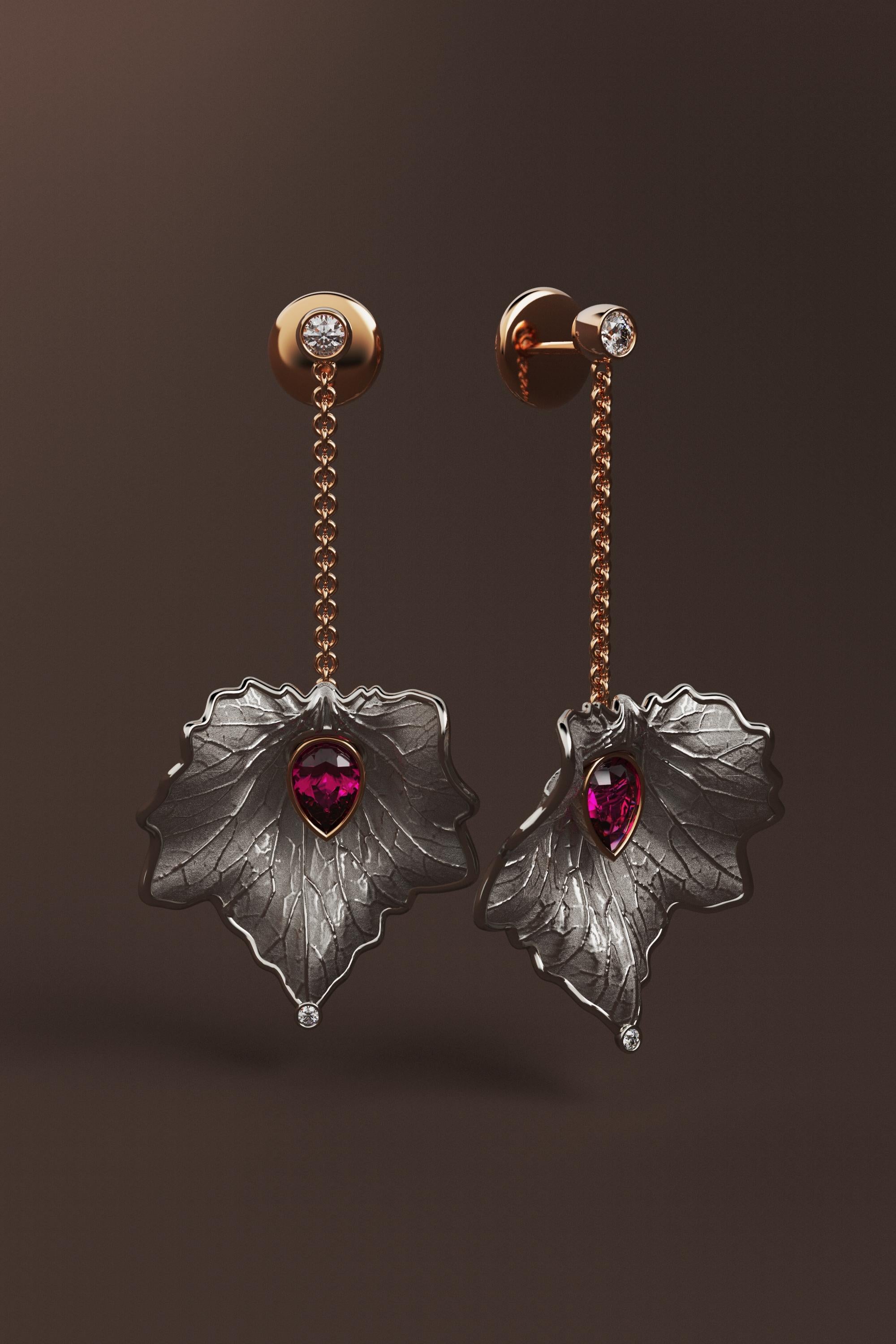 14k Gold Leaf Earrings Made in Italy  Diamond And Purple Garnet Dangle Earrings For Sale 6