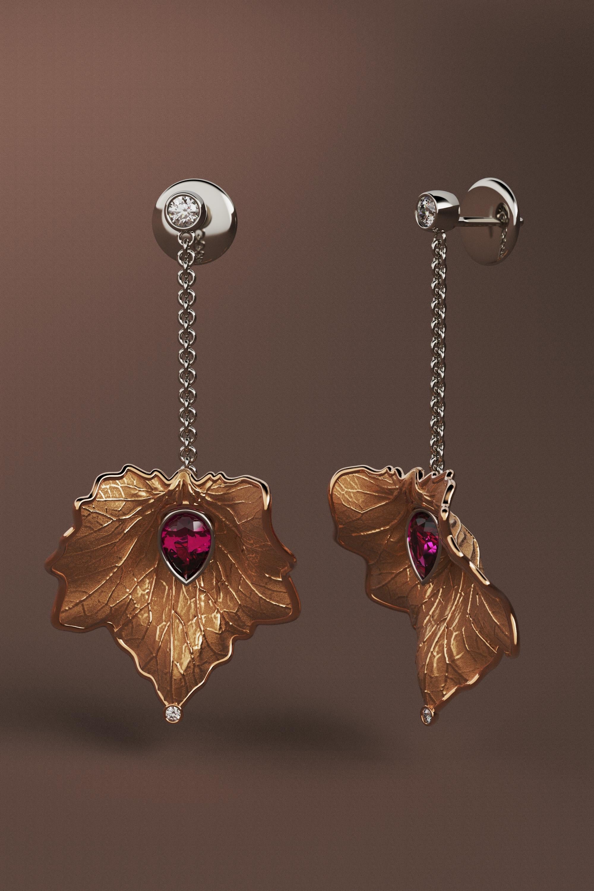 14k Gold Leaf Earrings Made in Italy  Diamond And Purple Garnet Dangle Earrings For Sale 7