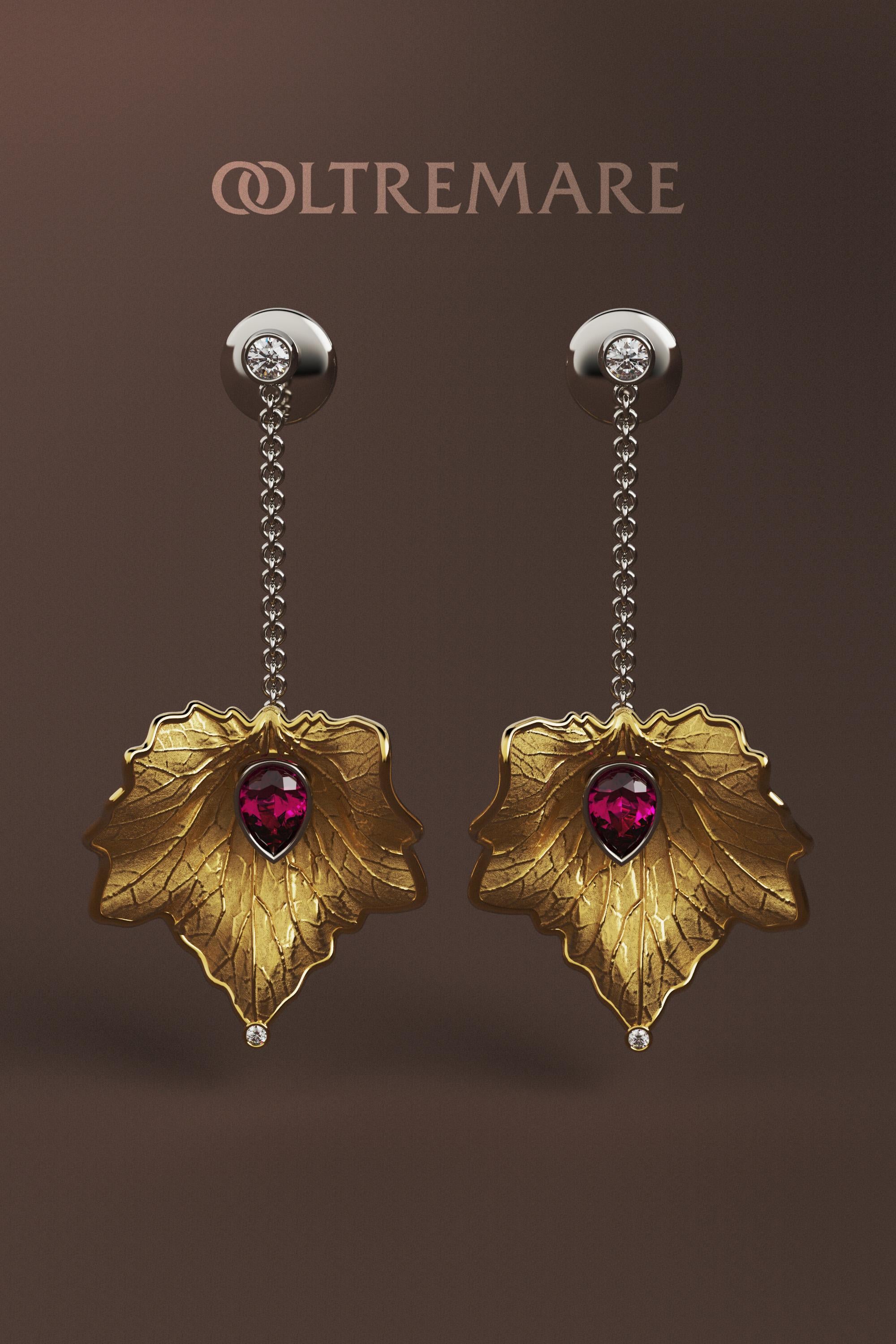 14k Gold Leaf Earrings Made in Italy  Diamond And Purple Garnet Dangle Earrings For Sale 8
