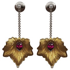 14k Gold Leaf Earrings Made in Italy  Diamond And Purple Garnet Dangle Earrings