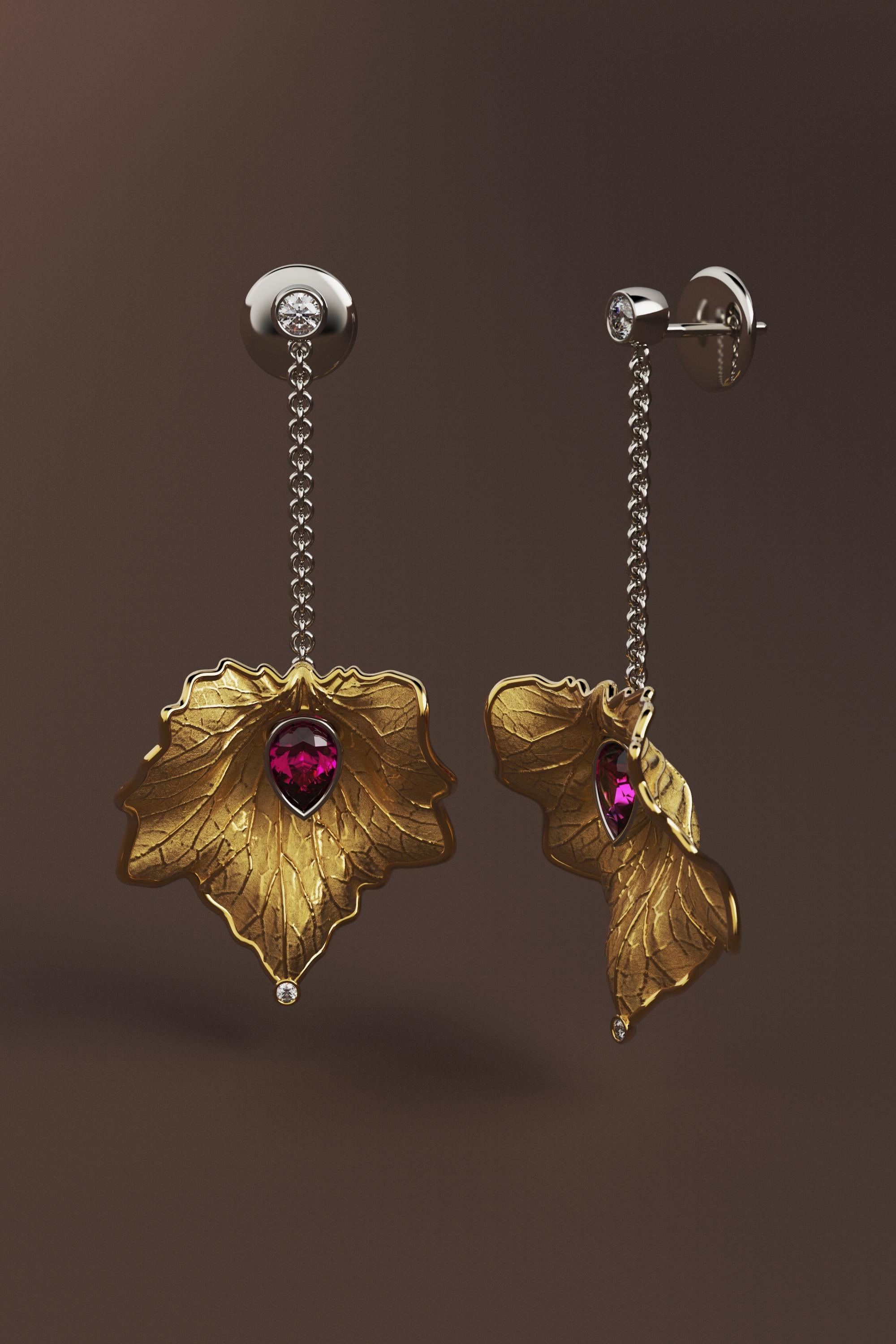 Art Nouveau 14k Gold Leaf Earrings Made in Italy  Diamond And Purple Garnet Dangle Earrings For Sale