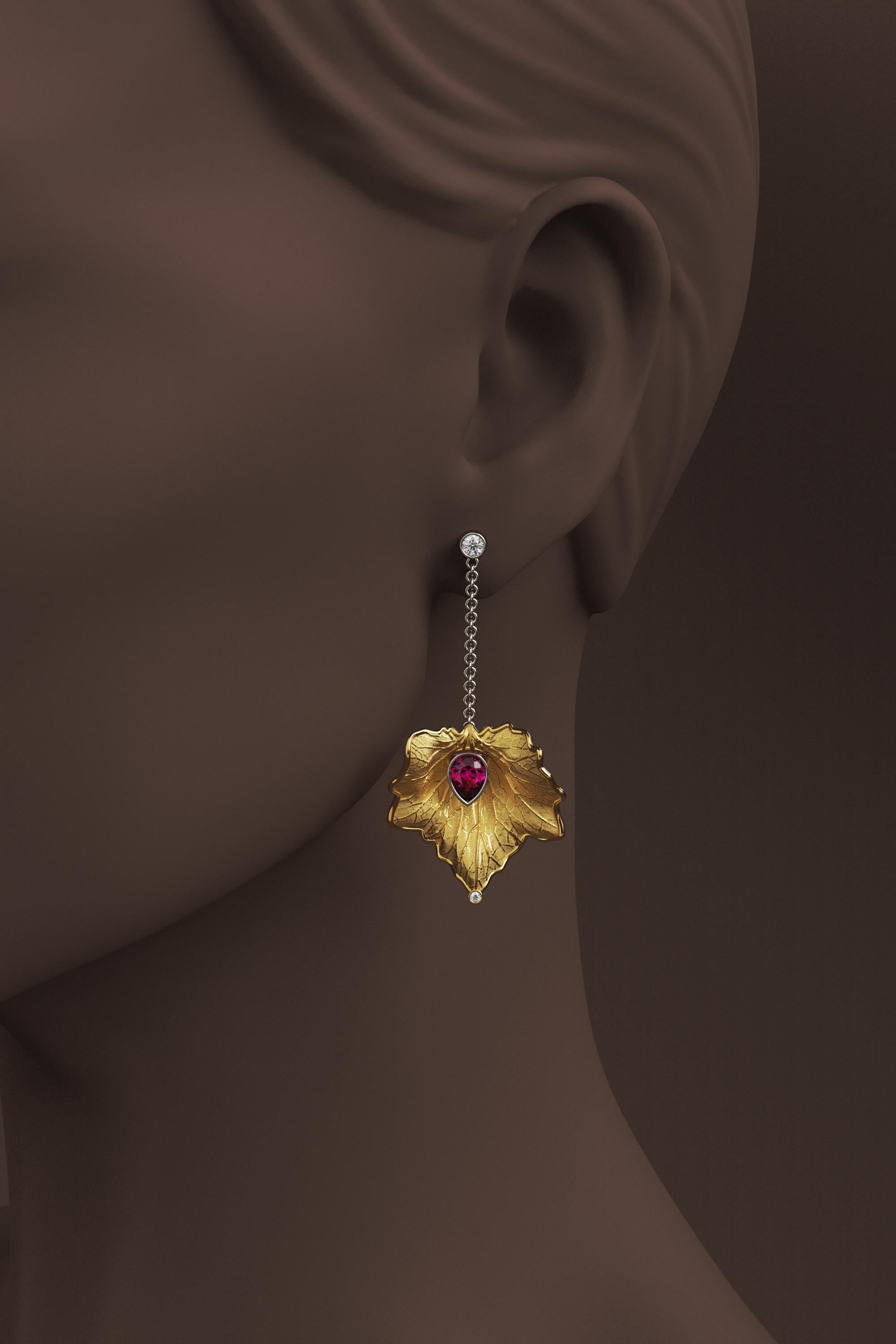 14k Gold Leaf Earrings Made in Italy  Diamond And Purple Garnet Dangle Earrings In New Condition For Sale In Camisano Vicentino, VI
