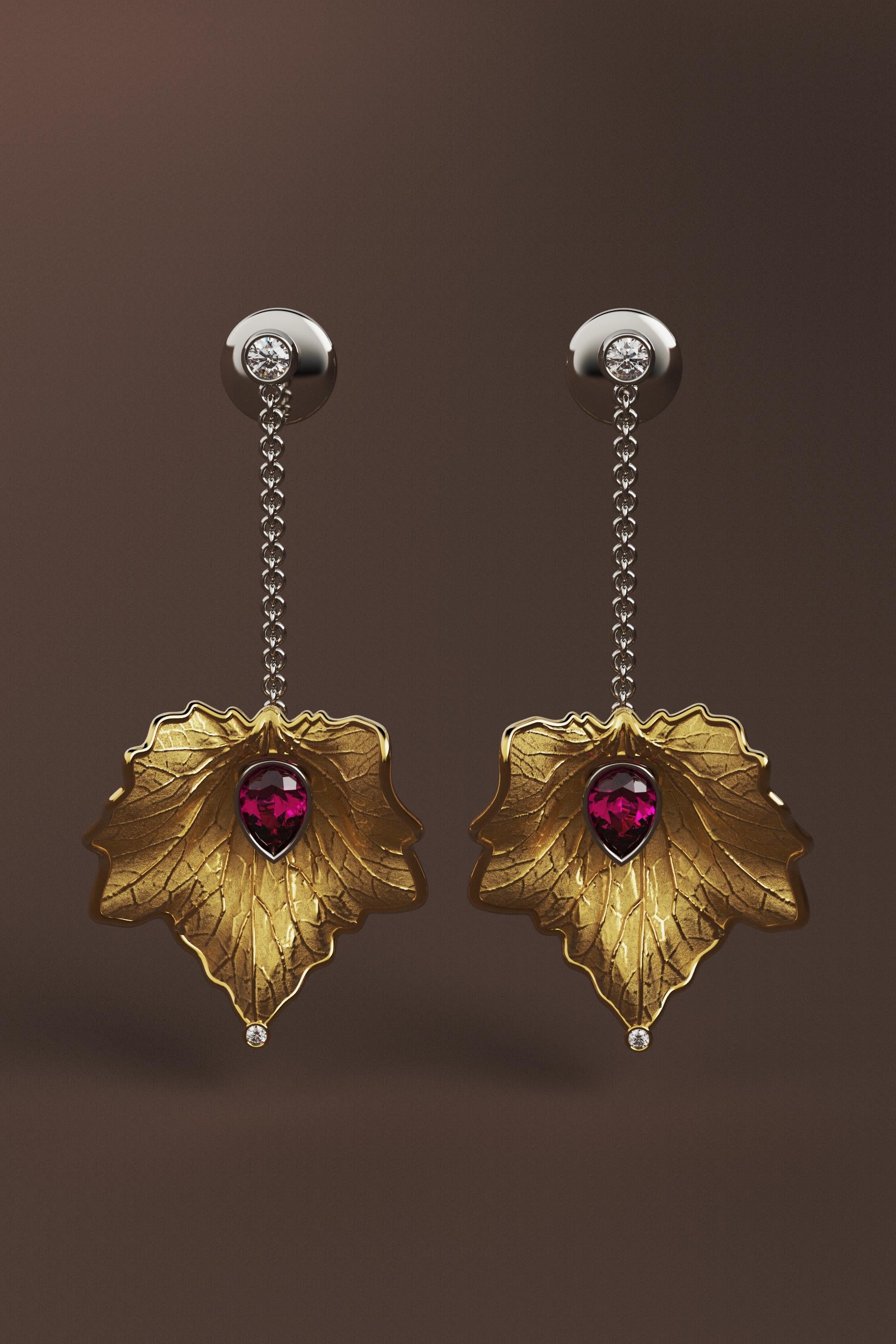 Women's 14k Gold Leaf Earrings Made in Italy  Diamond And Purple Garnet Dangle Earrings For Sale
