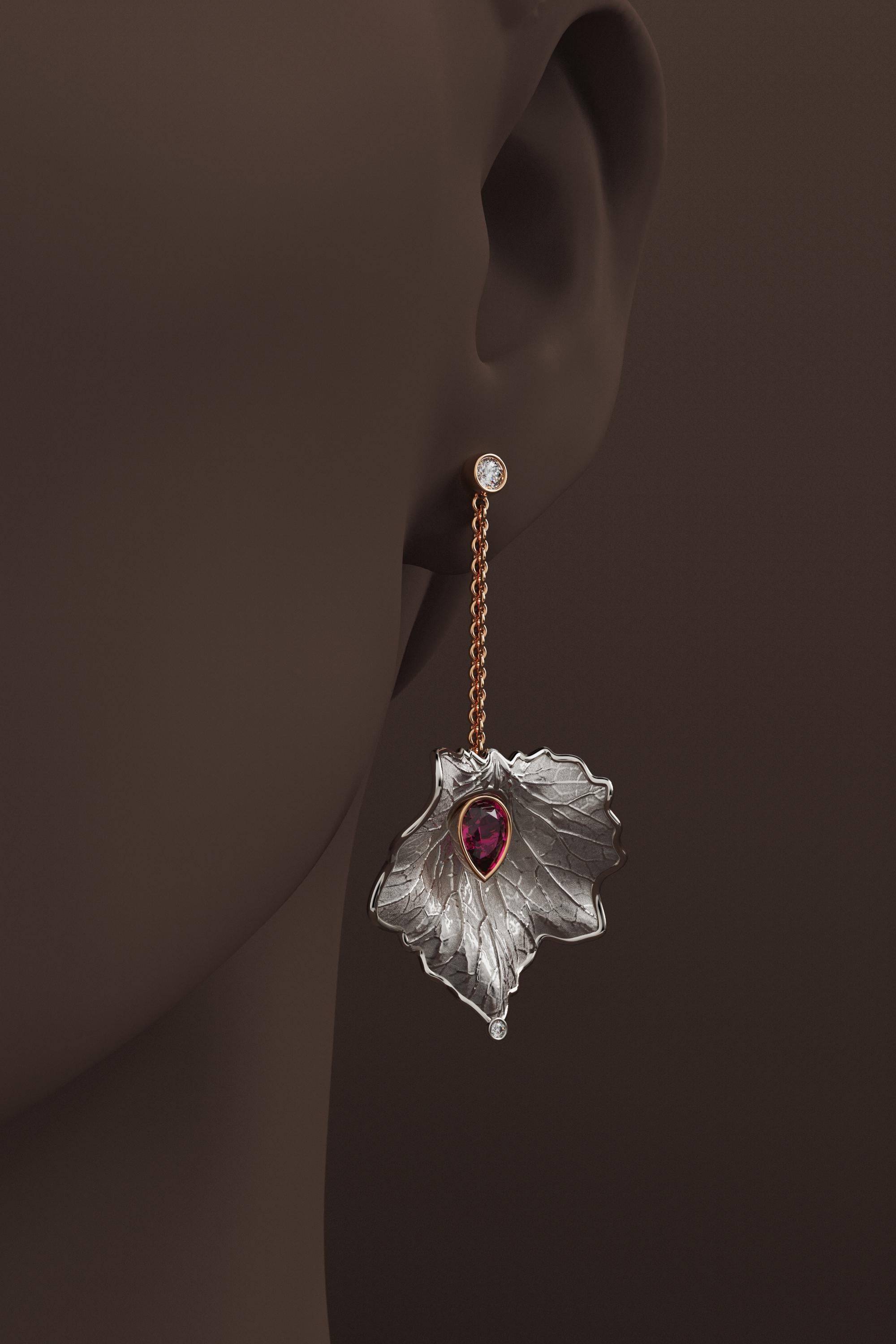 14k Gold Leaf Earrings Made in Italy  Diamond And Purple Garnet Dangle Earrings For Sale 1