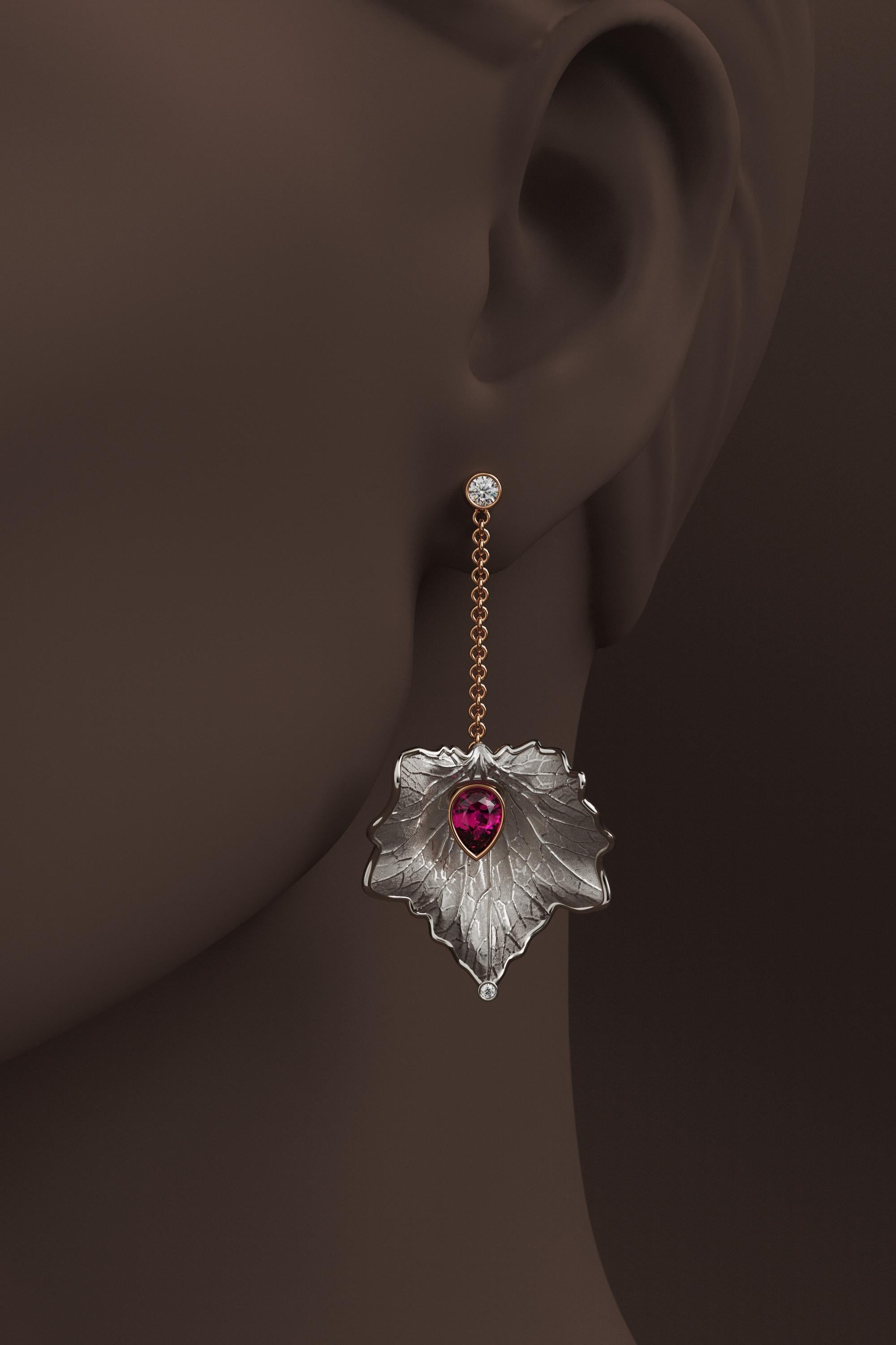 14k Gold Leaf Earrings Made in Italy  Diamond And Purple Garnet Dangle Earrings For Sale 2