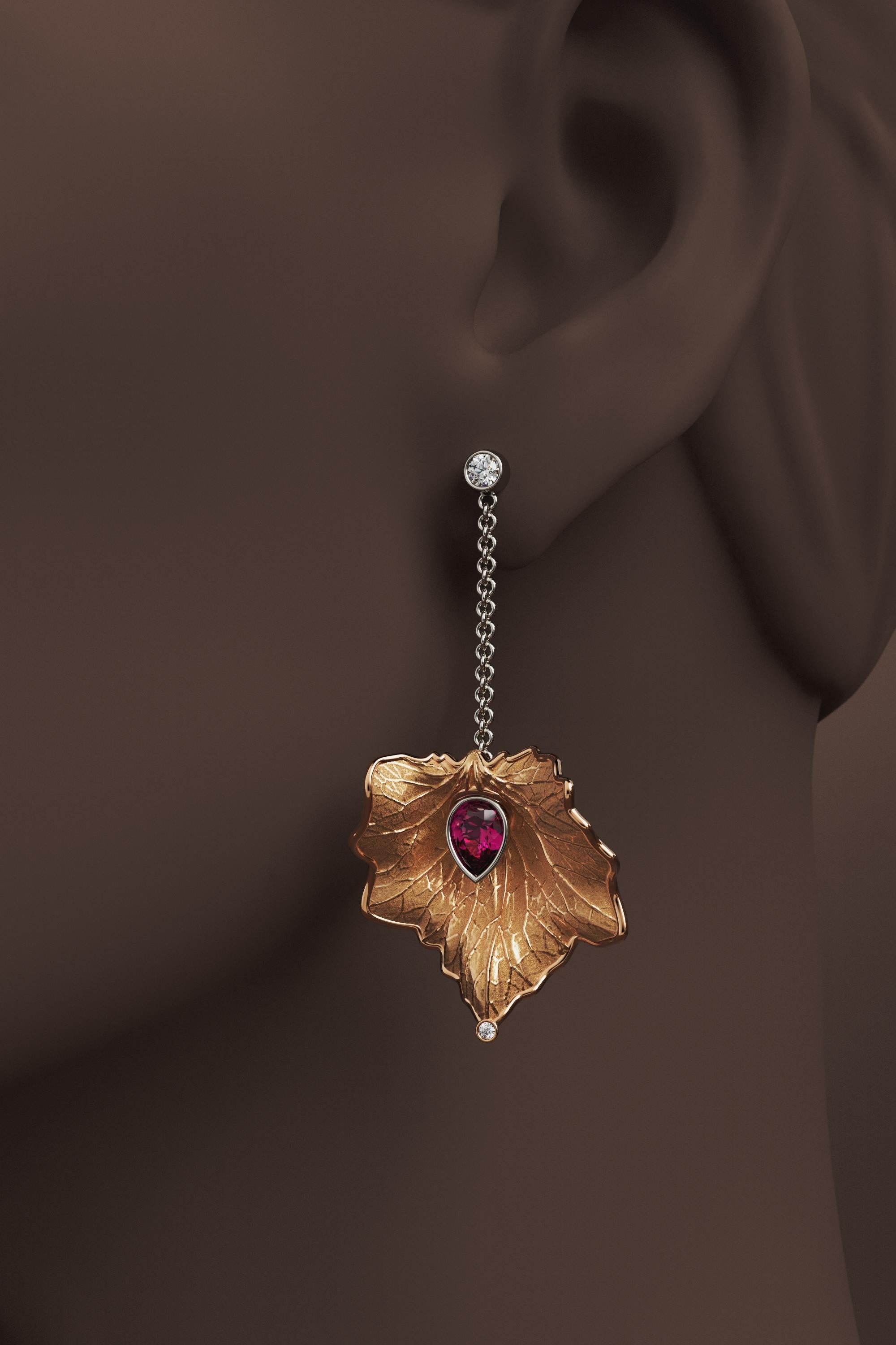 14k Gold Leaf Earrings Made in Italy  Diamond And Purple Garnet Dangle Earrings For Sale 3