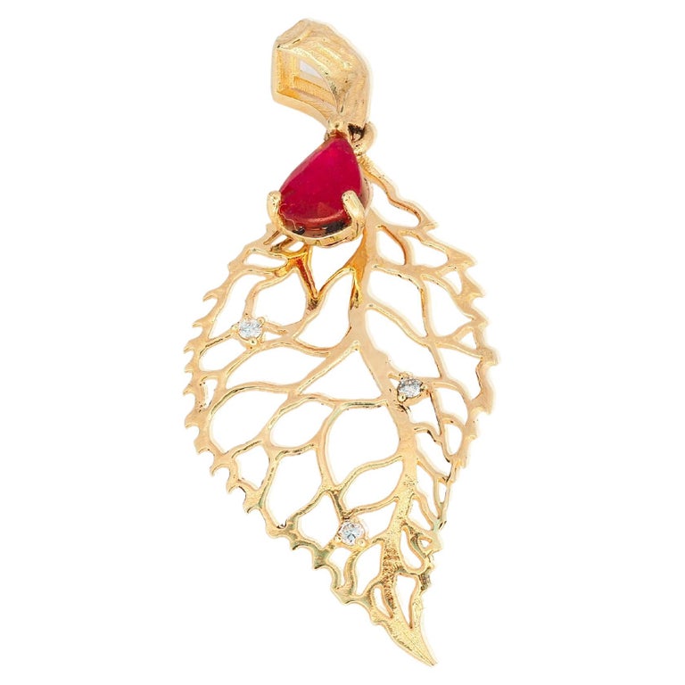 14 Karat Gold "Leaf" Pendant with Ruby and Diamonds. July birthstone pendant For Sale