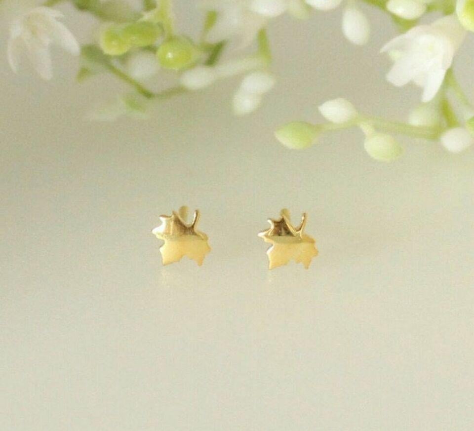 Art Deco 14k Gold Leaf Studs Maple Leaf Earrings Gold Autumn Jewelry October Jewelry Gift For Sale
