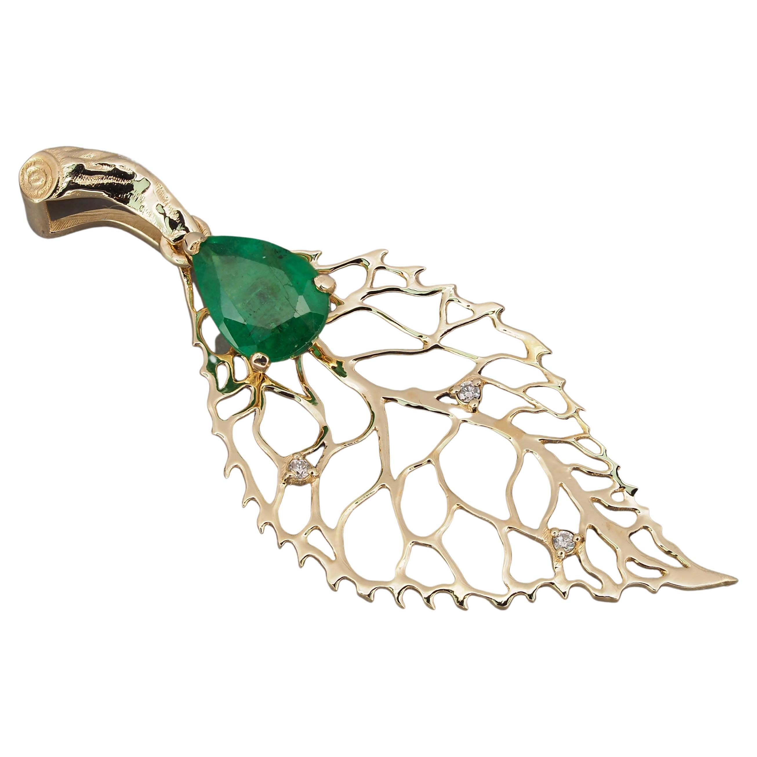 14k Gold "Leaf"Pendant with Natural Emerald and Diamonds