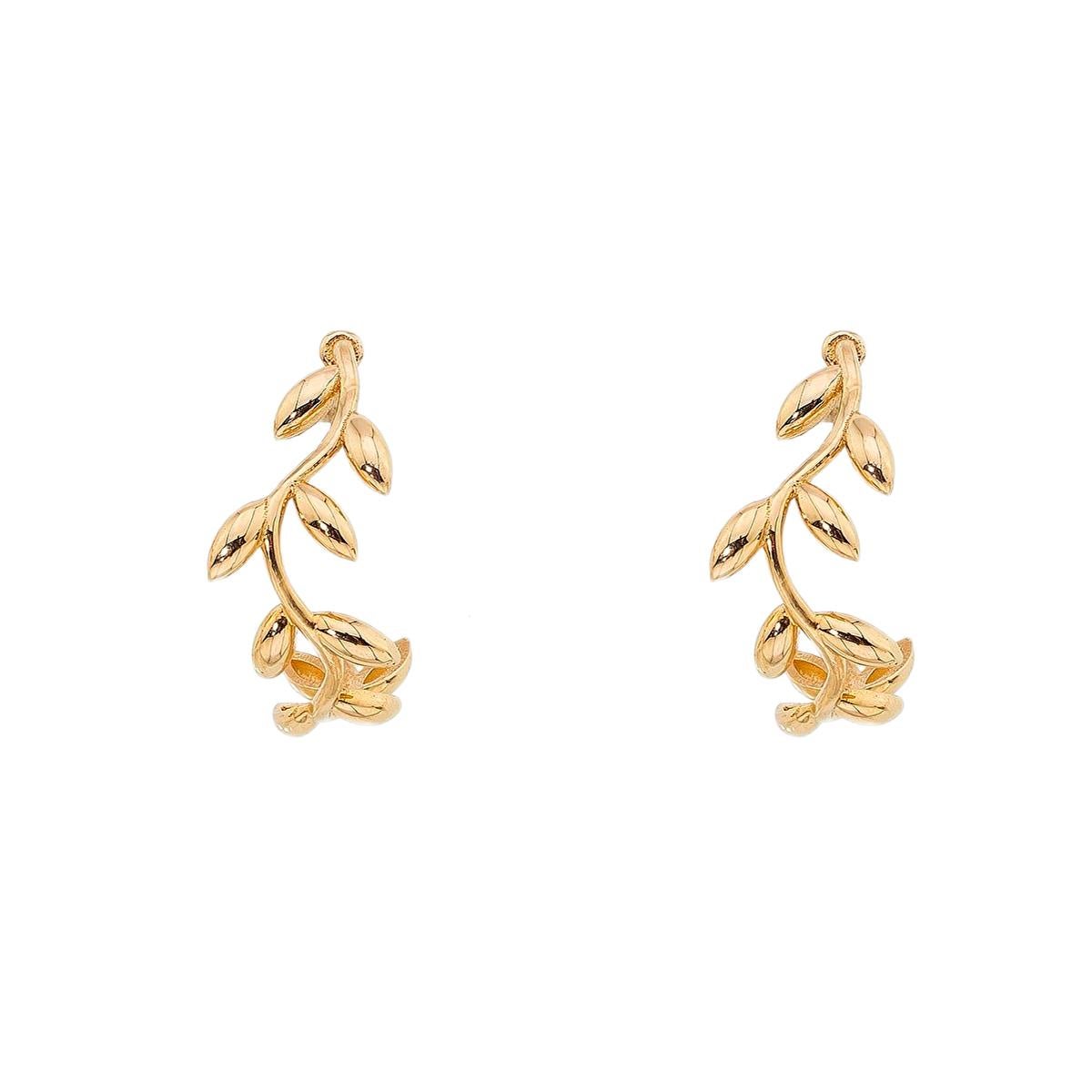 Modern 14k Gold Leaves Hoop Earrings, Olive Leaf Stud Earrings. For Sale