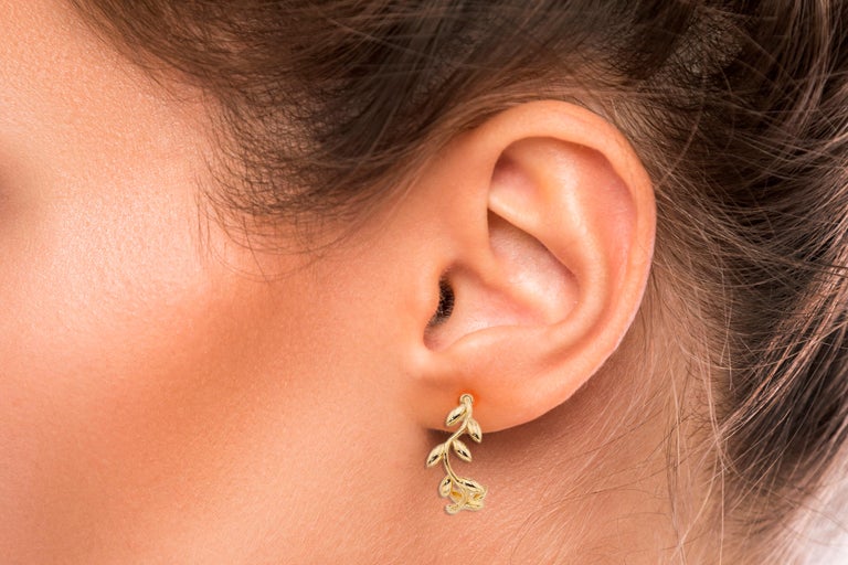 Women's or Men's 14k Gold Leaves Hoop Earrings, Olive Leaf Stud Earrings