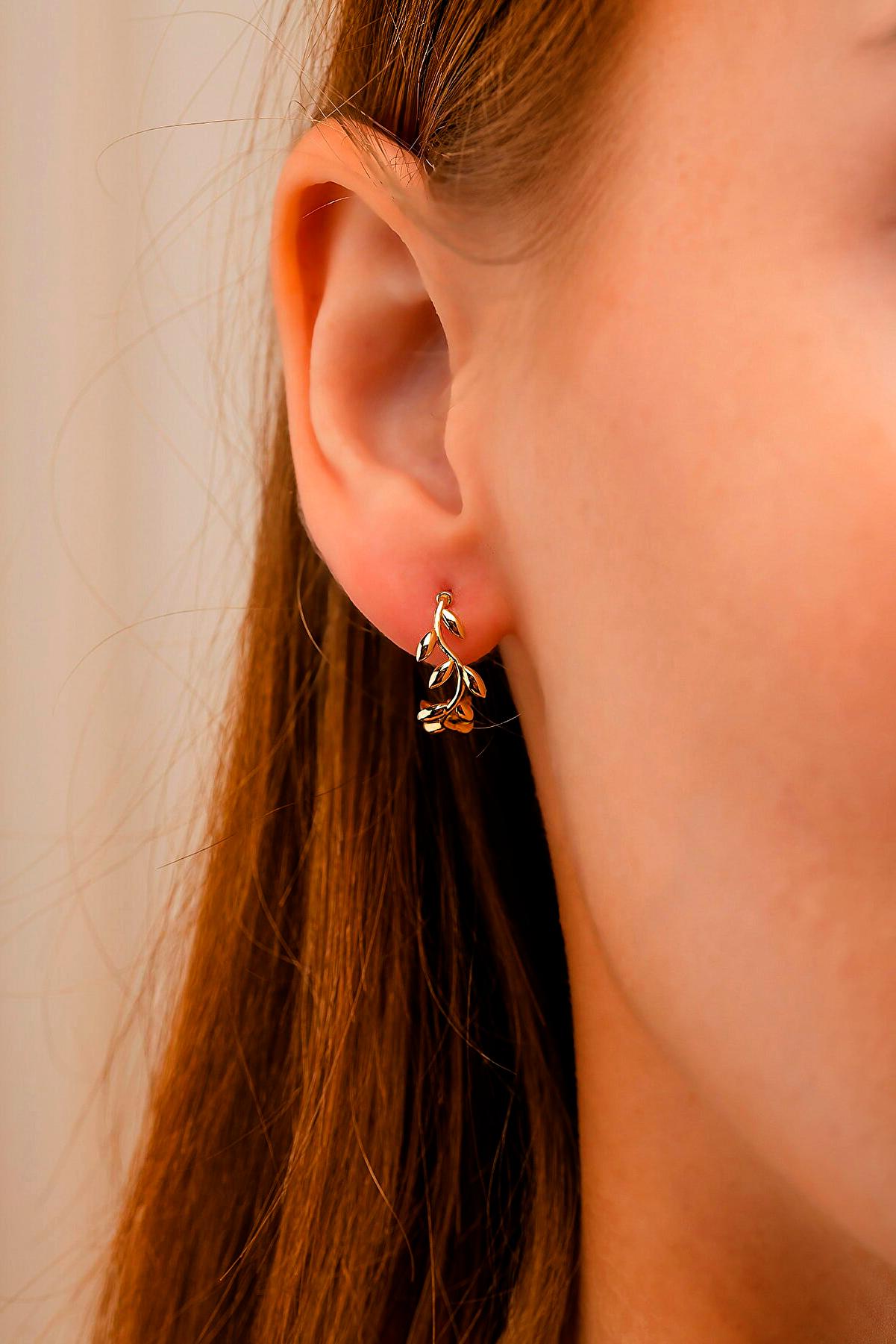 Modern 14k Gold Leaves Hoop Earrings, Olive Leaf Stud Earrings