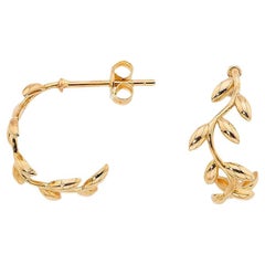 14k Gold Leaves Hoop Earrings, Olive Leaf Stud Earrings