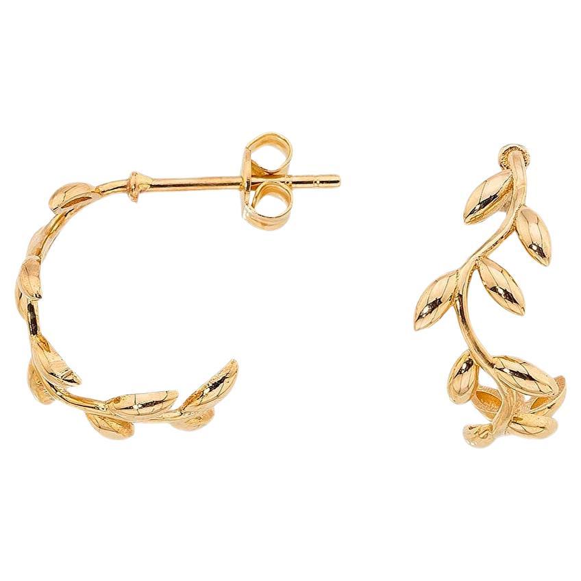 14k Gold Leaves Hoop Earrings, Olive Leaf Stud Earrings.