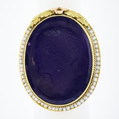 14k Gold Left Facing Amethyst Cameo Ring w/ Seed Pearl Filigree & Floral Frame