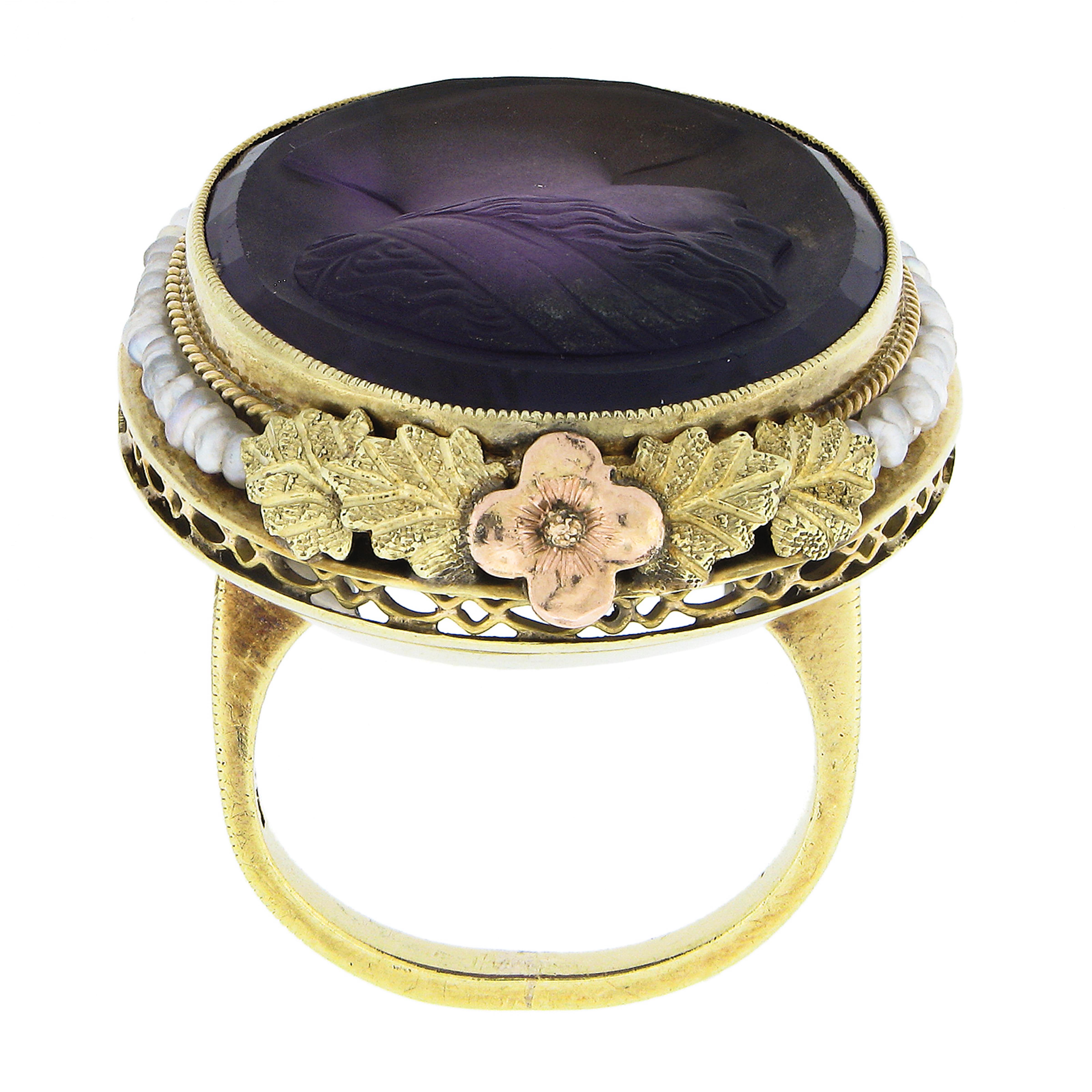 Women's 14k Gold Left Facing Amethyst Cameo Ring w/ Seed Pearl Filigree & Floral Frame For Sale