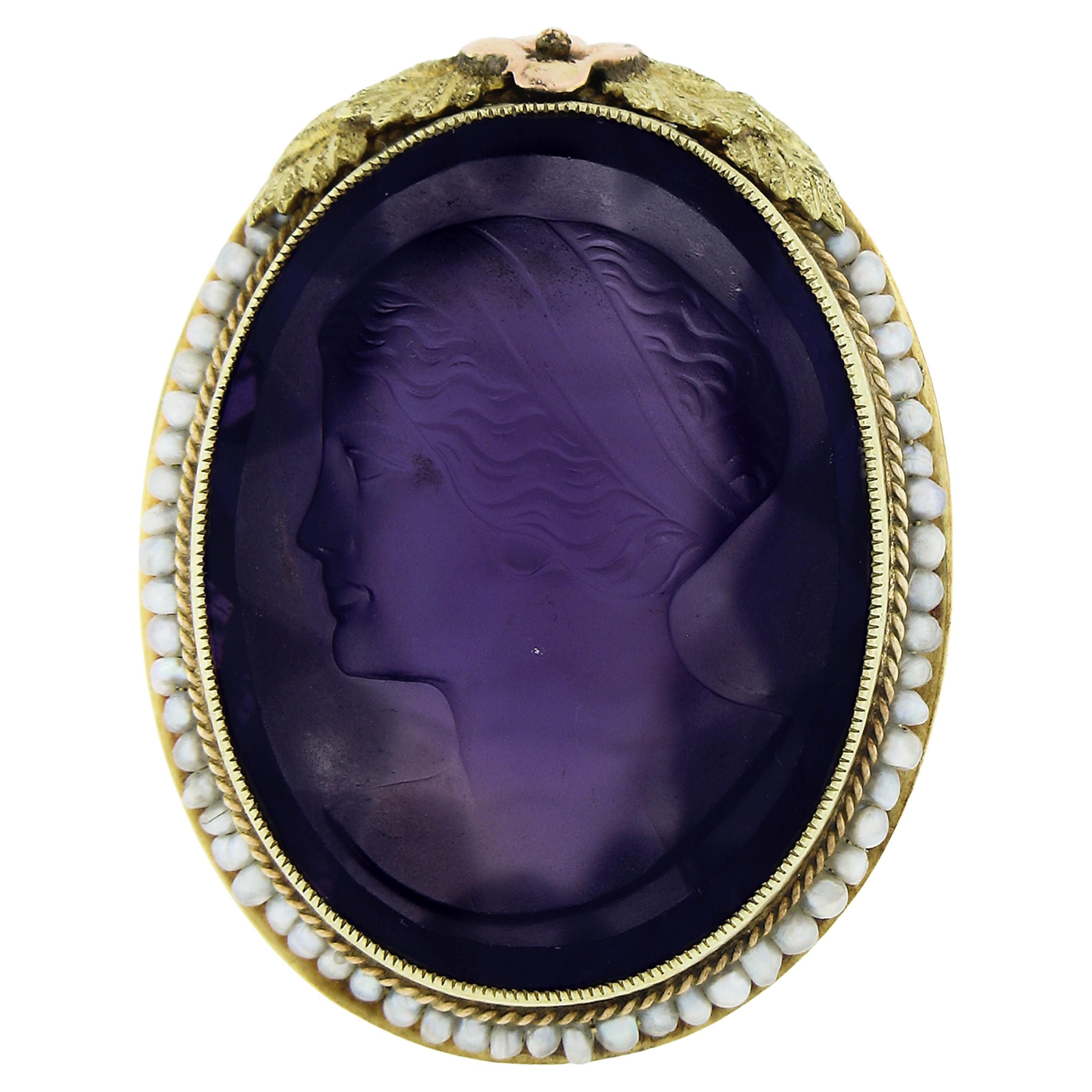 14k Gold Left Facing Amethyst Cameo Ring w/ Seed Pearl Filigree & Floral Frame For Sale