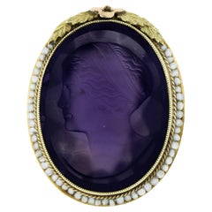 Antique 14k Gold Left Facing Amethyst Cameo Ring w/ Seed Pearl Filigree & Floral Frame
