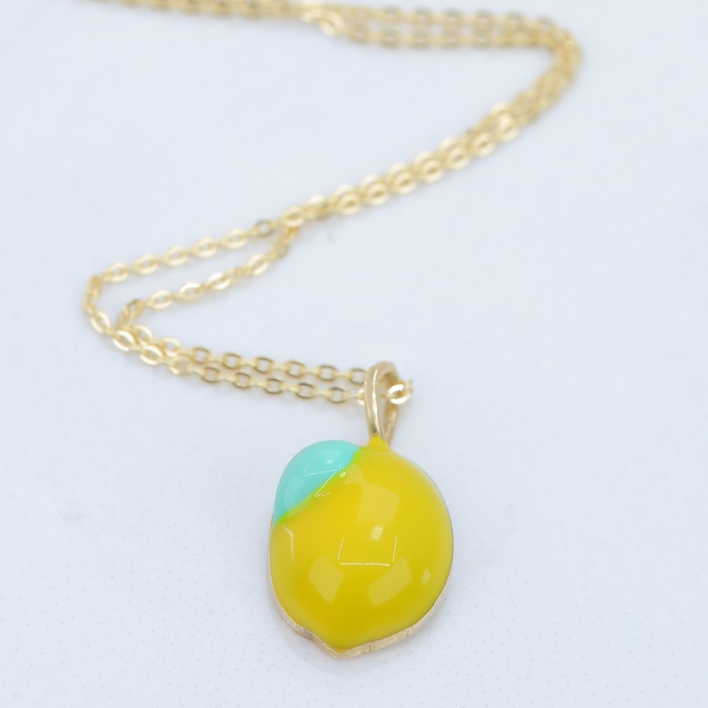14K Gold Lemon Necklace, Enamel Fruit Necklace For Sale 2