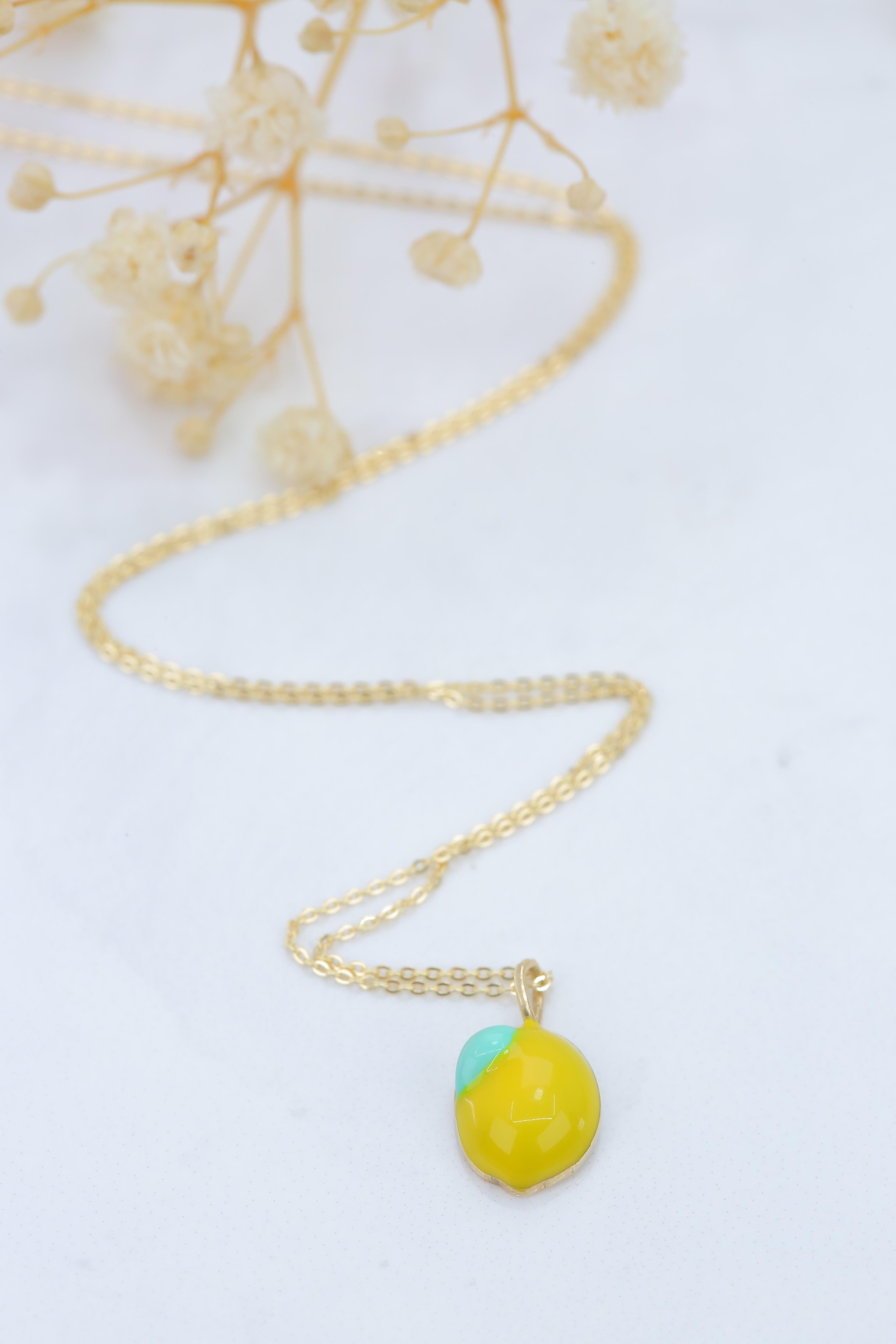 14K Gold Lemon Necklace, Enamel Fruit Necklace For Sale 3