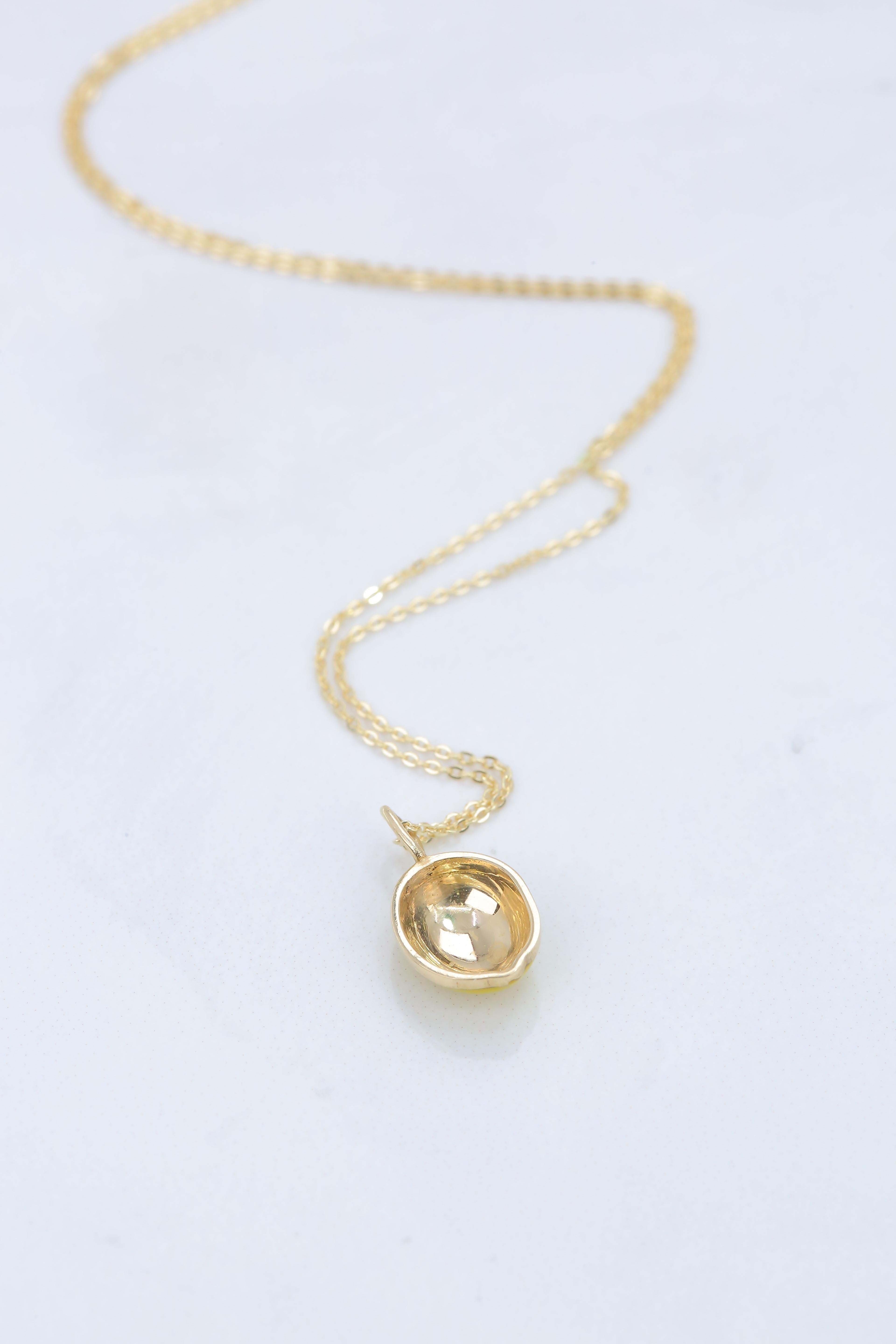 Modern 14K Gold Lemon Necklace, Enamel Fruit Necklace For Sale