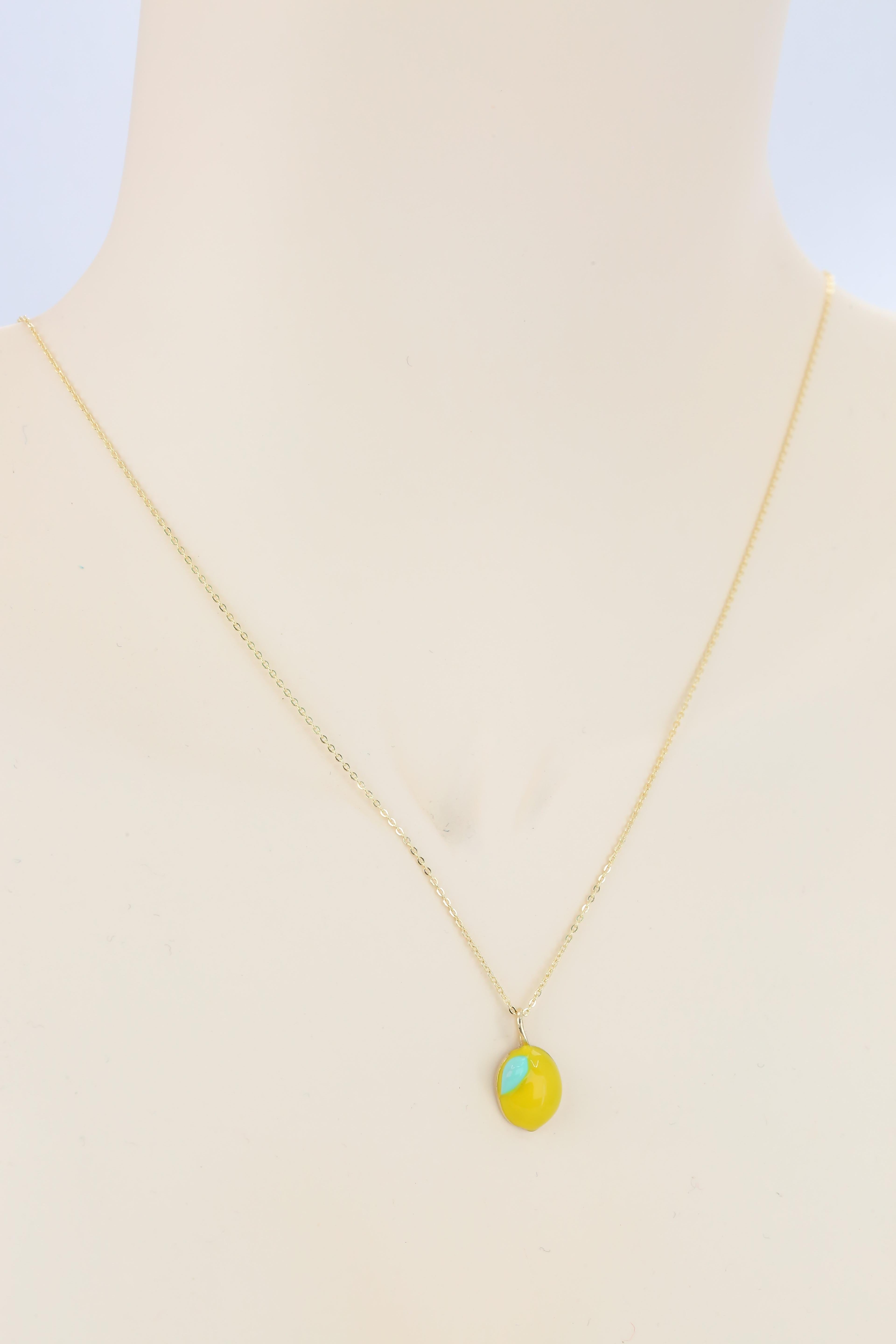 Women's or Men's 14K Gold Lemon Necklace, Enamel Fruit Necklace For Sale