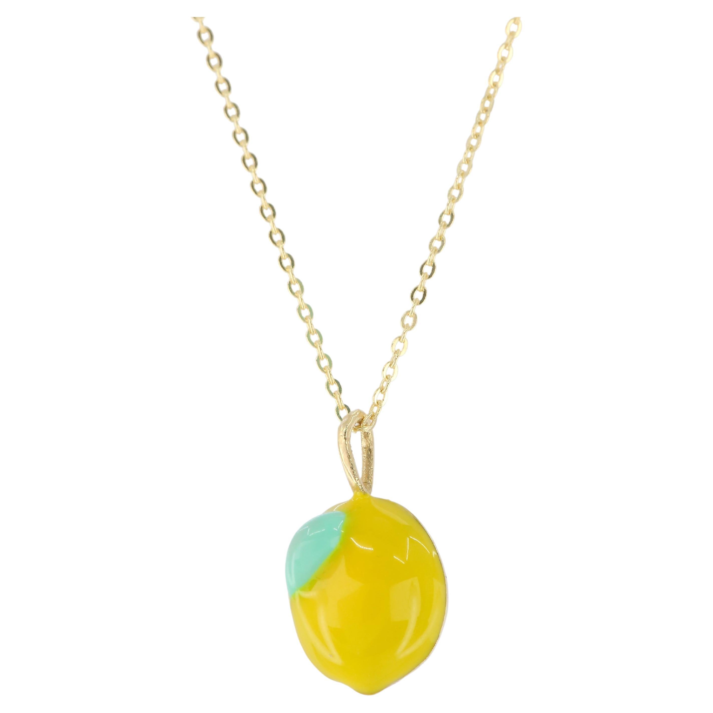 14K Gold Lemon Necklace, Enamel Fruit Necklace For Sale