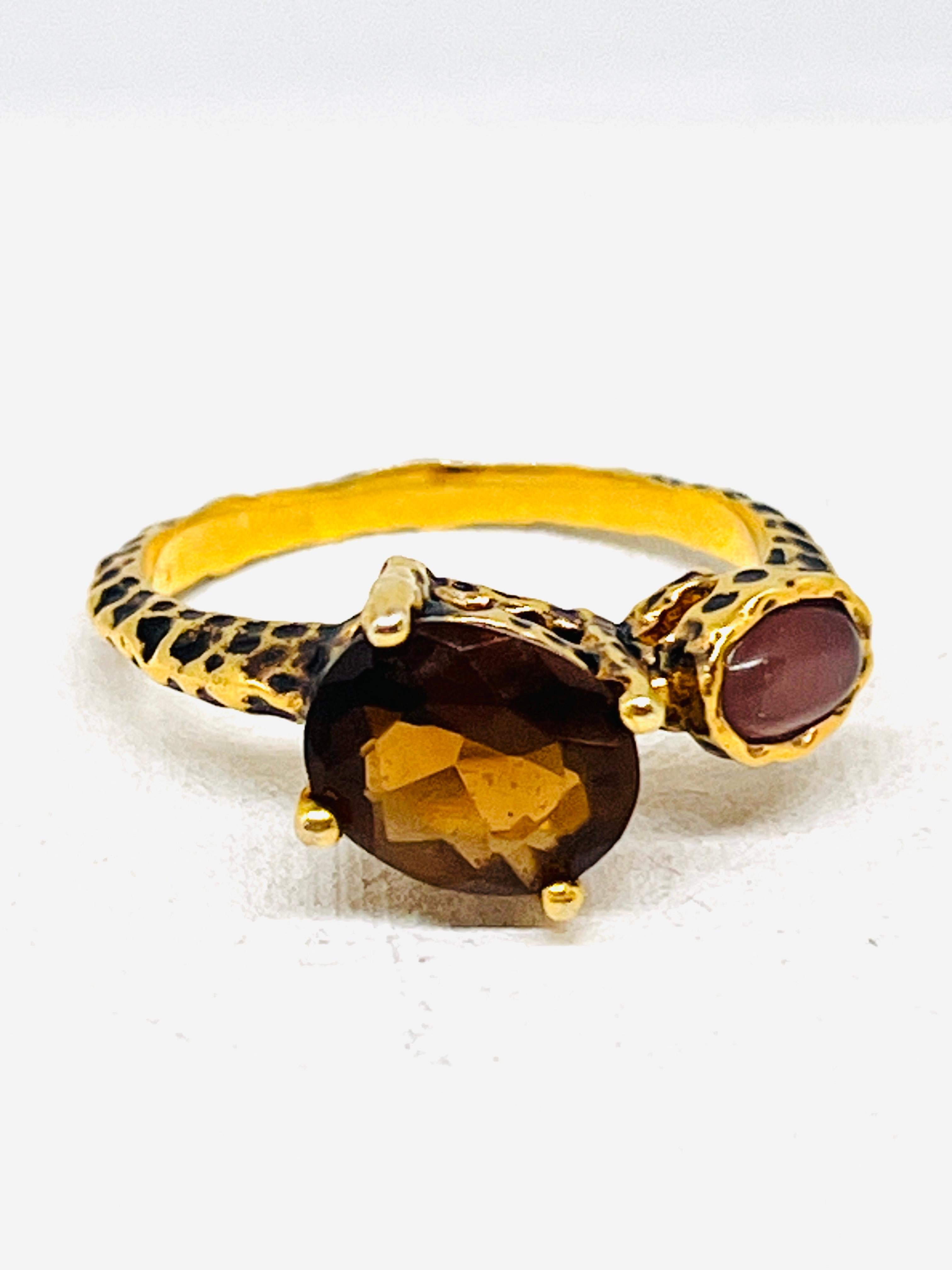 Bague en or 14K à texture léopard avec tourmaline et œil de tigre violet, taille 10 en vente 12