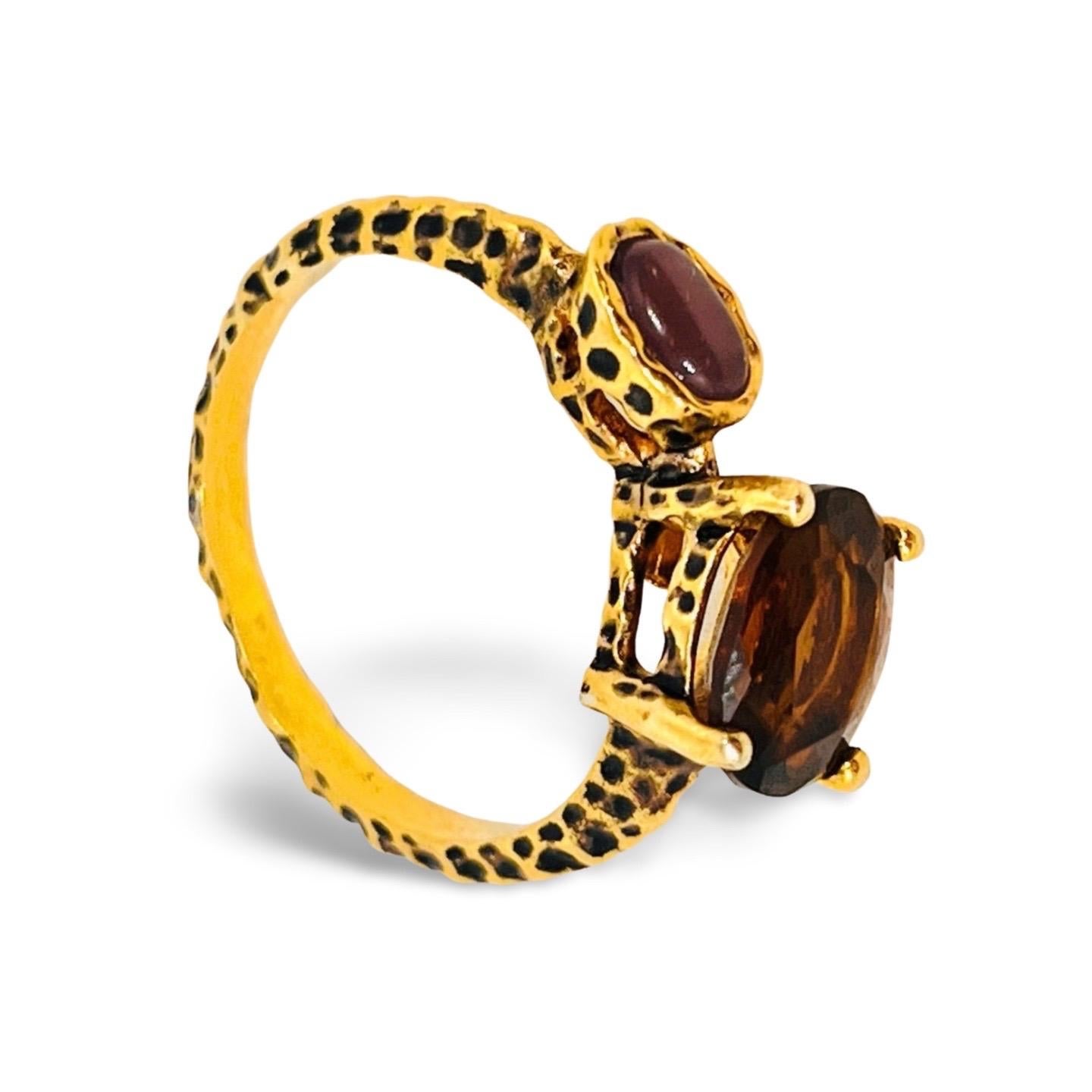 Bague en or 14K à texture léopard avec tourmaline et œil de tigre violet, taille 10 Pour femmes en vente
