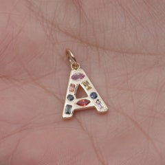 14K Gold Letter A Initial Charm 0.52 Carat Multi-Sapphire Rainbow Pendant