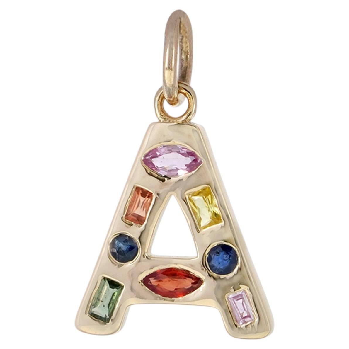 Pendentif en or 14K Lettre A Initiale Charm 0.52 Carat Multi-Sapphire Rainbow en vente