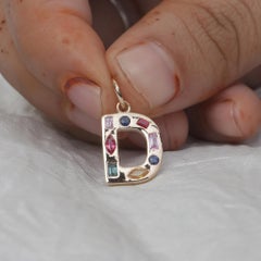 14K Gold Letter D Initial Charm 0.48 Carat Multi-Sapphire Rainbow Pendant