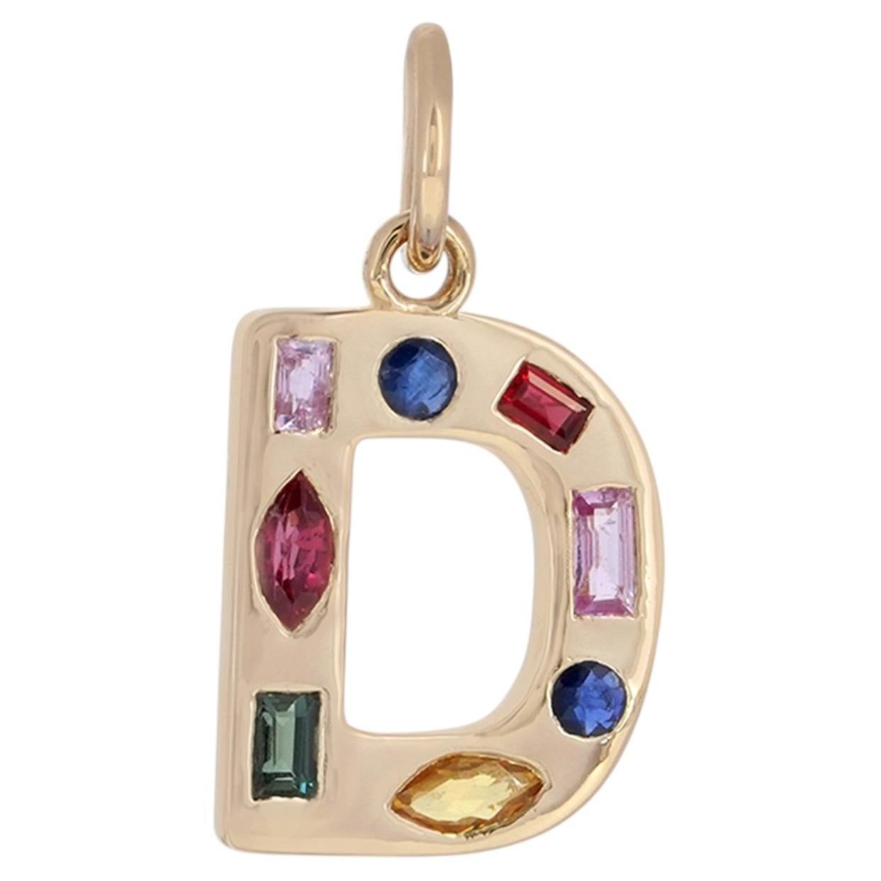 14K Gold Letter D Initial Charm 0.48 Carat Multi-Sapphire Rainbow Pendant