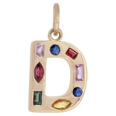 14K Gold Letter D Initial Charm 0.48 Carat Multi-Sapphire Rainbow Pendant