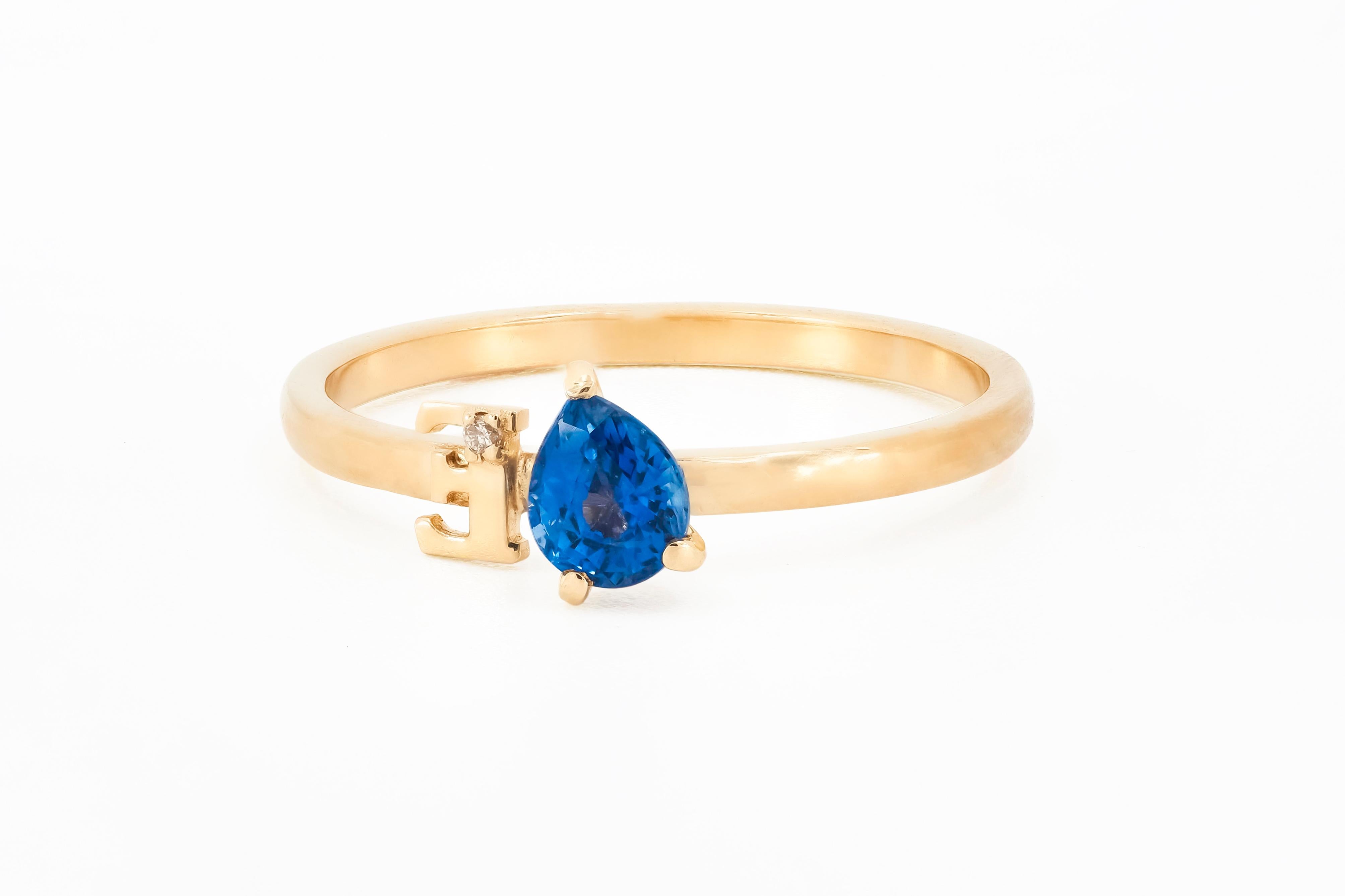 For Sale:  Blue Pear sapphire 14 karat gold ring. Custom Letter and Gemstone Ring. 5