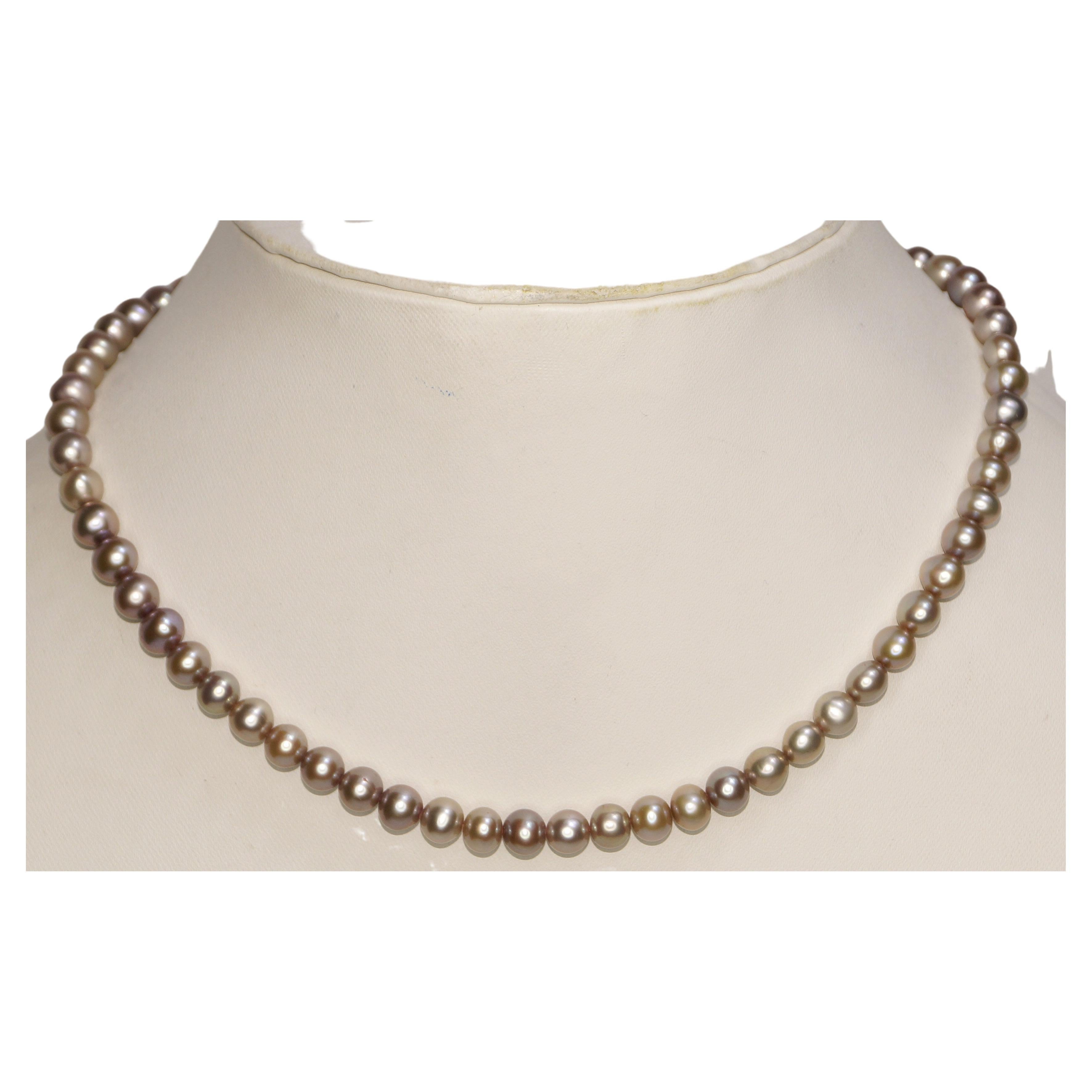 Solid 14k Gold Mix shade of grey Pearl necklace 7mm Freshwater necklace For Sale