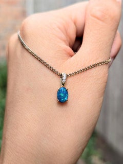 14k Gold Lightning Ridge Australian Black Opal Doublet Diamond Pendant Charm